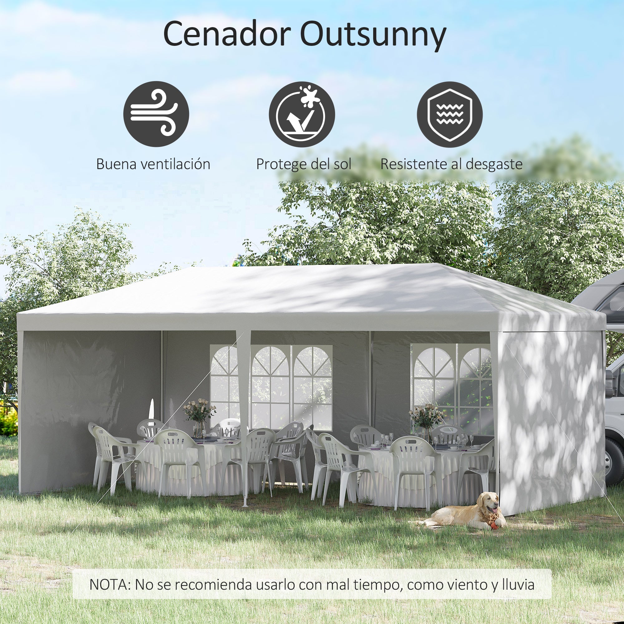 Outsunny Carpa de Jardín 6x3 m Pabellón con 4 Paredes Laterales y 2 Ventanas Visibles Anti-UV Impermeable Cenador Gazebo de Exterior con Marco de Acero para Fiestas Eventos Bodas Blanco