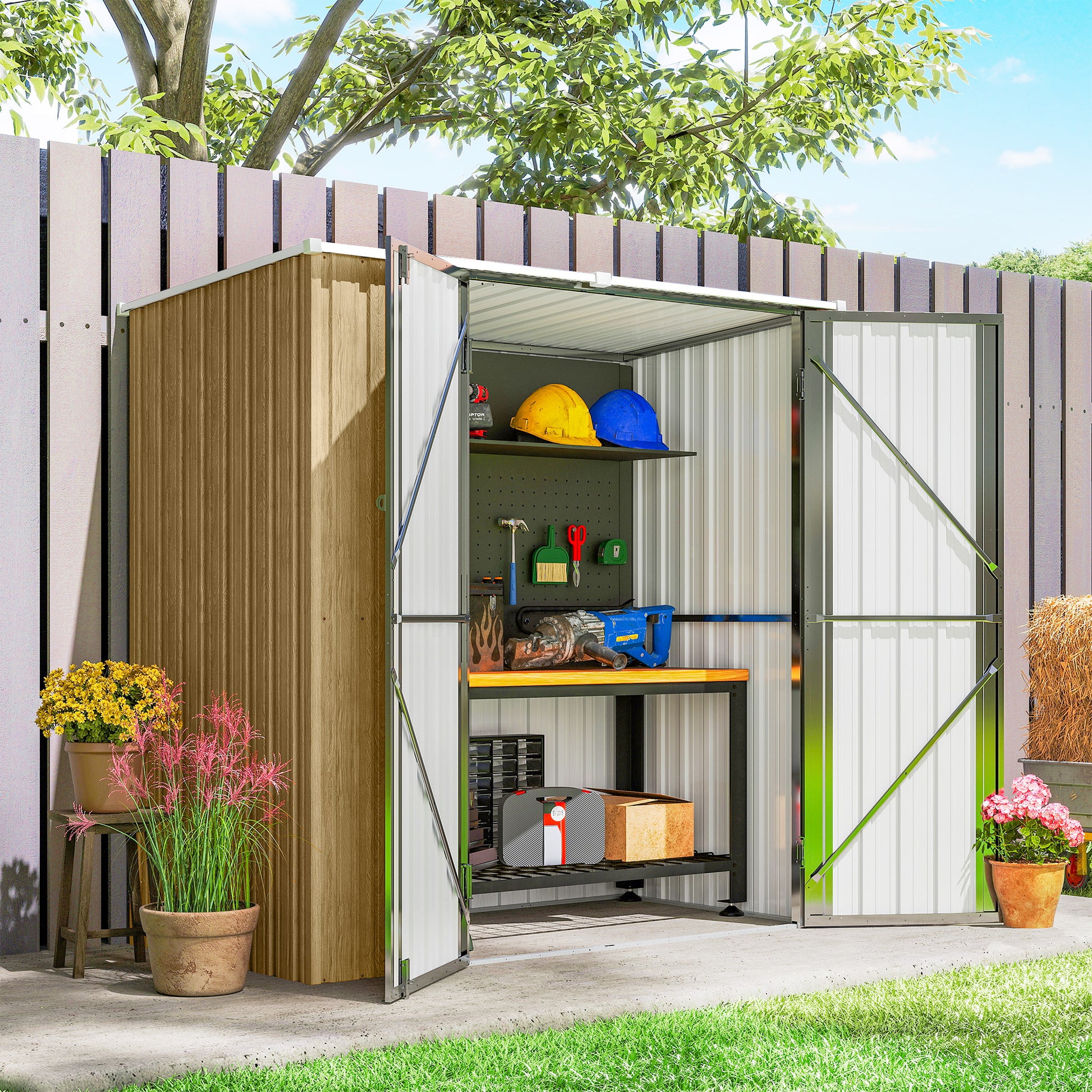 Outsunny Caseta de Jardín Exterior 1,37 m², 163x89x163 cm, Cobertizo de Jardín Exterior Metálico con Techo Inclinado, Puertas con Pestillo y Guantes para Almacenamiento de Herramientas, Marrón Claro