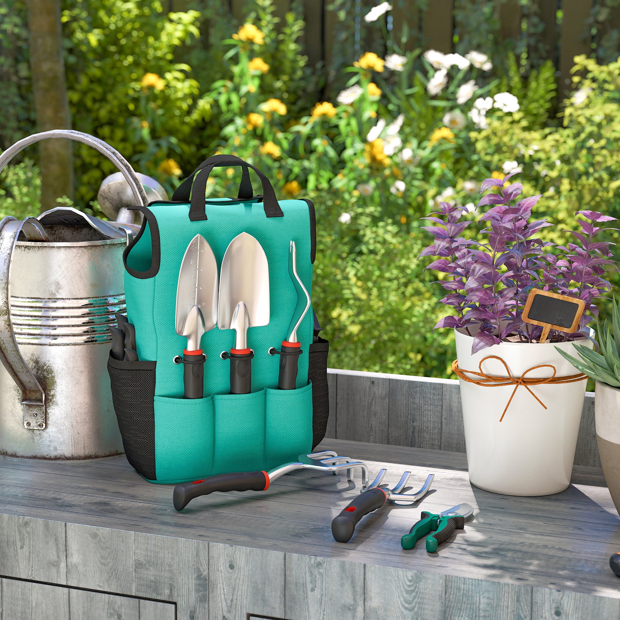 Outsunny Juego de Herramientas para Jardín de 9 Piezas Robusta Juego de Herramientas Jardinería de Aluminio con Tijeras de Podar con Bloqueo Seguro y Bolsa de Jardín Ligera para Mujeres y Hombres