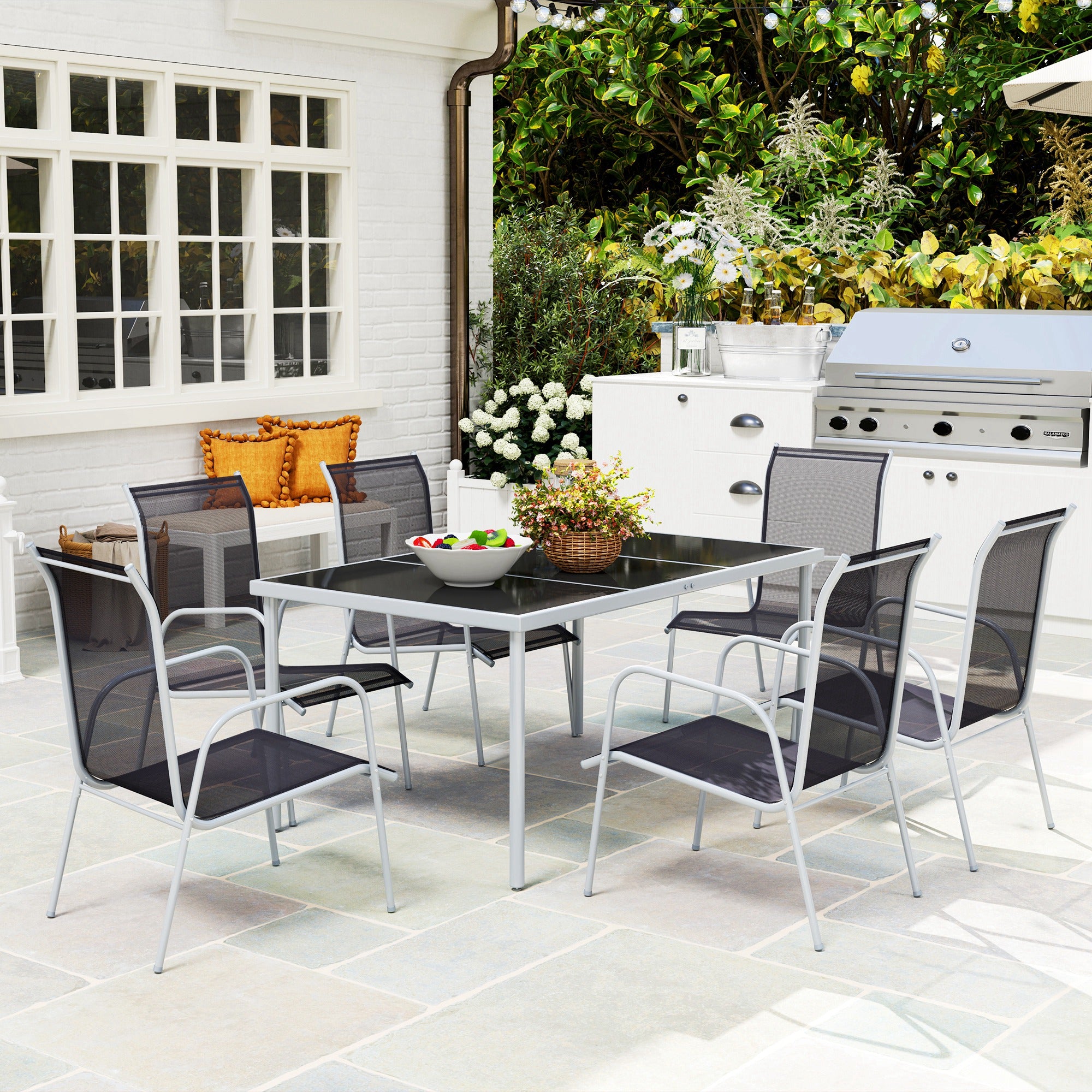 Outsunny Conjunto de Muebles Exterior para Jardín de 7 Piezas Incluye 1 Mesa y 6 Sillas con Resposabrazos Fabricado a Acero Decorativo Estilo Moderno Limpiar Fácil 150x90x72cm Color Negro