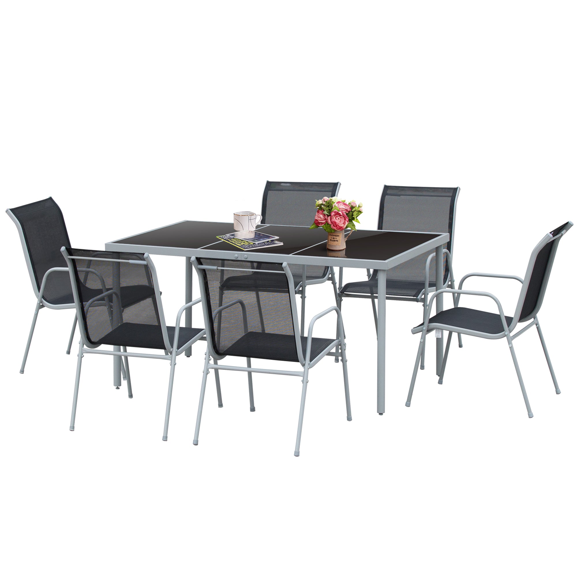 Outsunny Conjunto de Muebles Exterior para Jardín de 7 Piezas Incluye 1 Mesa y 6 Sillas con Resposabrazos Fabricado a Acero Decorativo Estilo Moderno Limpiar Fácil 150x90x72cm Color Negro