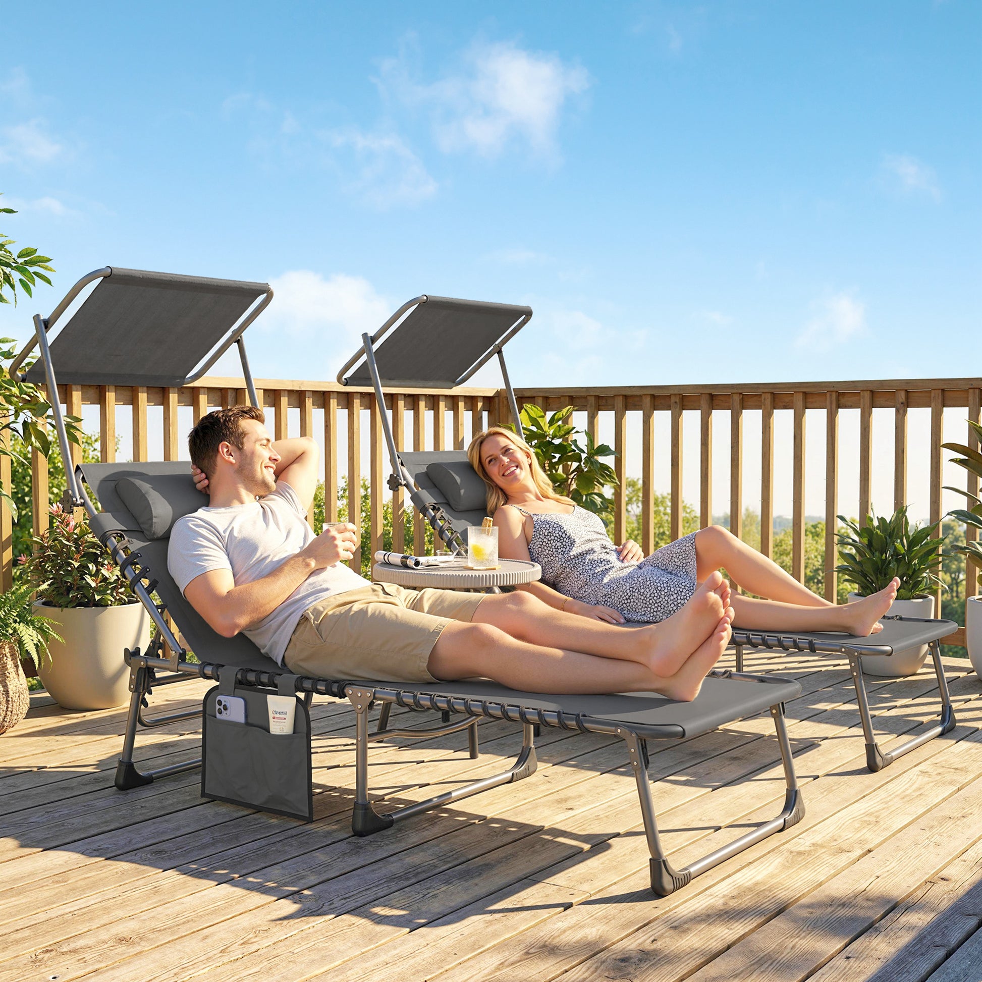Outsunny Set de 2 Tumbonas Jardín Exterior, Tumbonas Plegables con Reposacabezas, Parasol y Bolsillo Lateral, Respaldo Reclinable 5 Posiciones y Asiento Malla Transpirable para Playa, Piscina, Gris