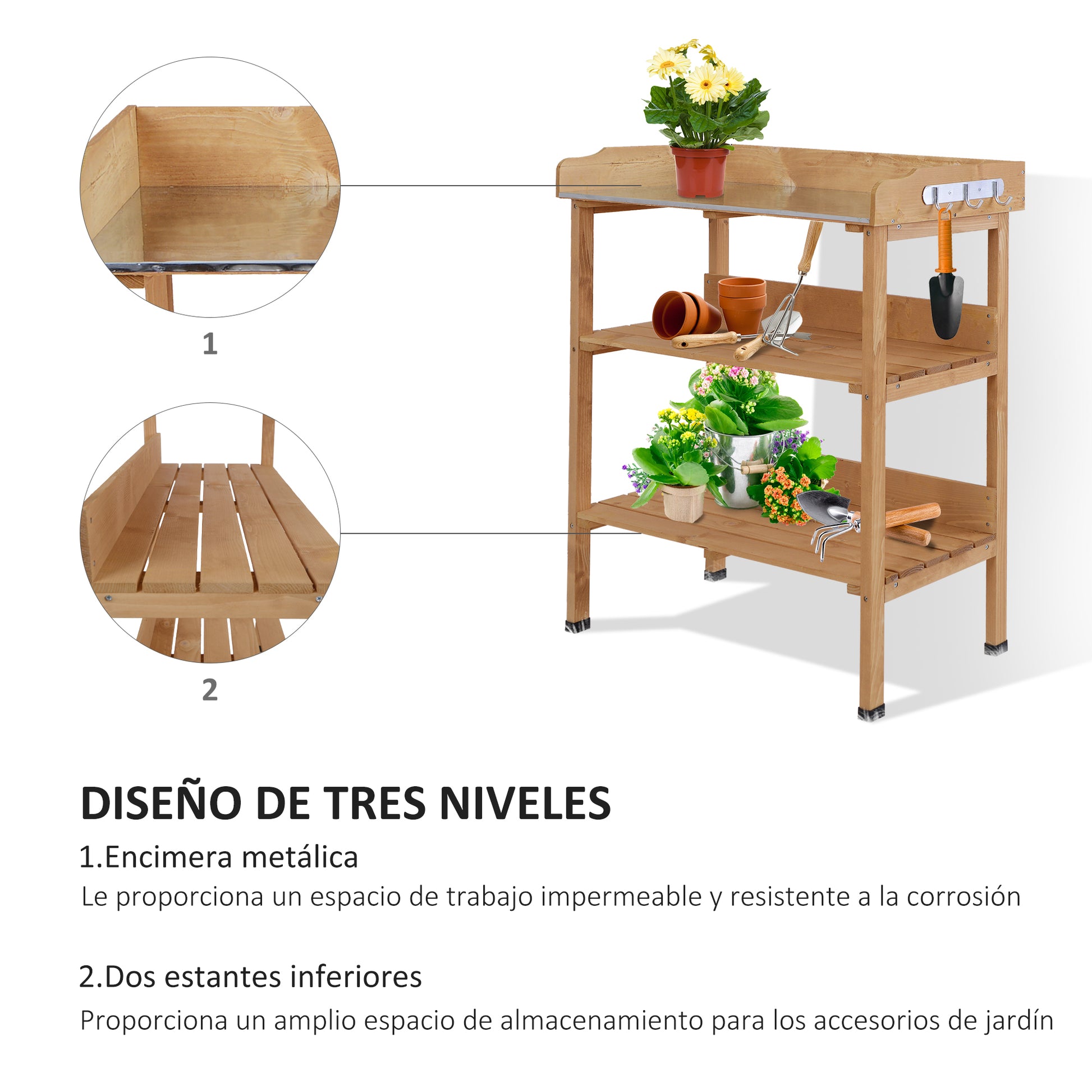 Outsunny Mesa de Plantación de Madera de 3 Niveles Mesa de Jardinería con Placa Metálica 2 Estantes y Ganchos Resistente a la Intemperie para Jardín Terraza Balcón 76x37x89 cm Natural