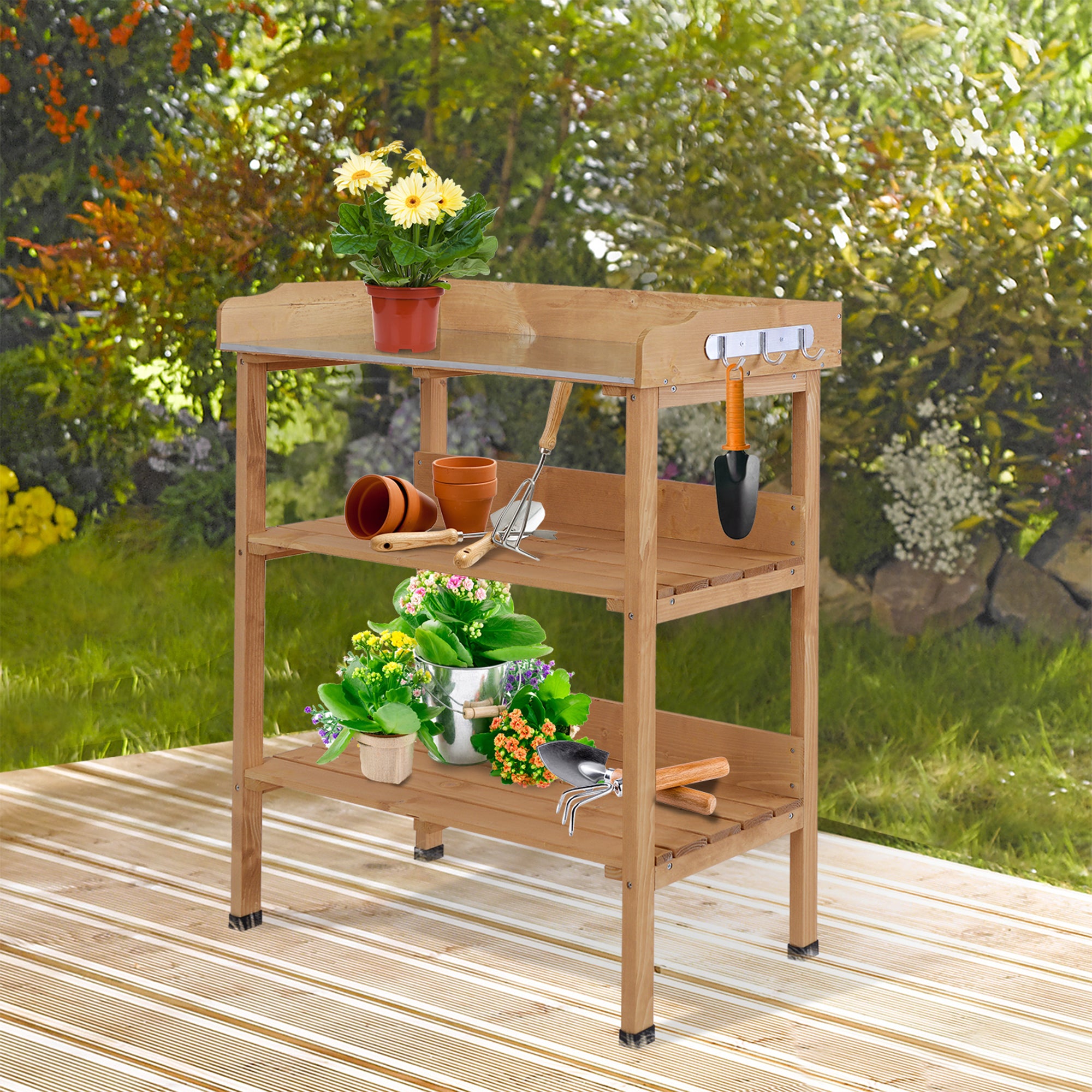 Outsunny Mesa de Plantación de Madera de 3 Niveles Mesa de Jardinería con Placa Metálica 2 Estantes y Ganchos Resistente a la Intemperie para Jardín Terraza Balcón 76x37x89 cm Natural
