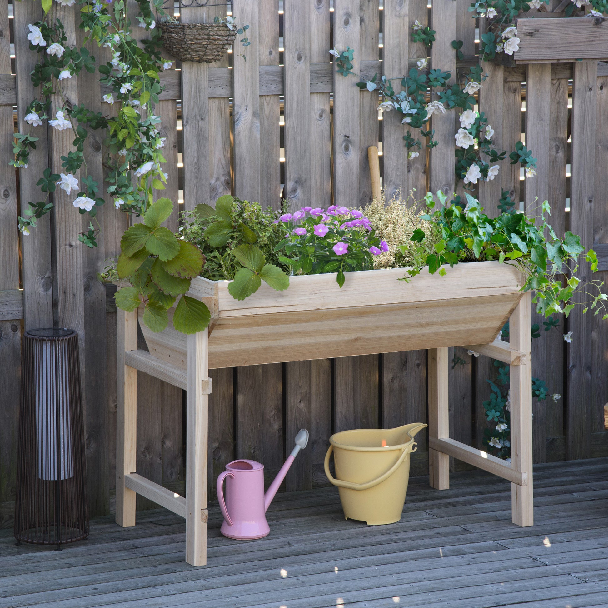 Outsunny Huerto Urbano Elevado de Madera 108,5x60x80 cm Mesa de Cultivo con Tela no Tejida y 3 Orificios de Drenaje para Jardín Terraza Exterior Carga 50 kg Natural