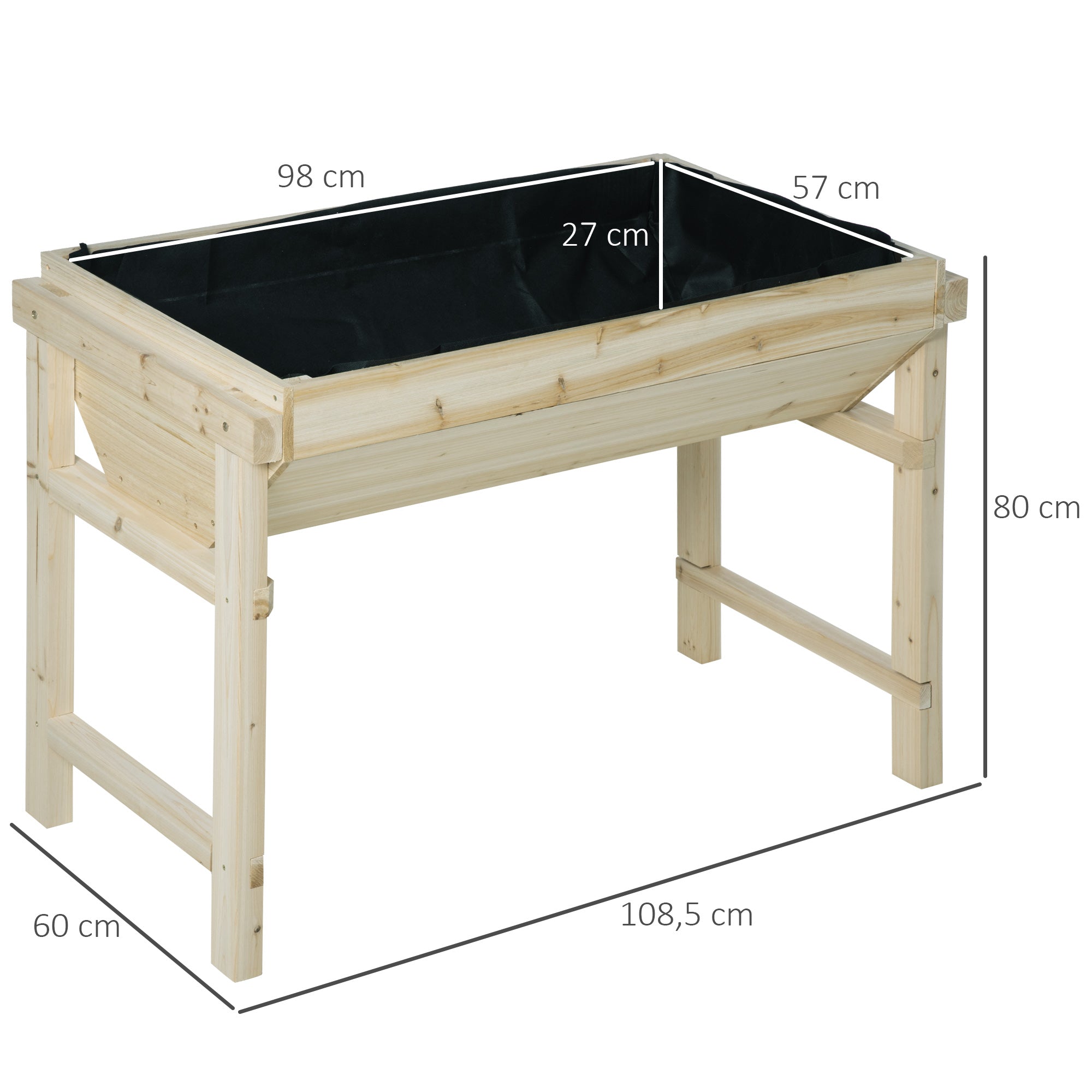 Outsunny Huerto Urbano Elevado de Madera 108,5x60x80 cm Mesa de Cultivo con Tela no Tejida y 3 Orificios de Drenaje para Jardín Terraza Exterior Carga 50 kg Natural