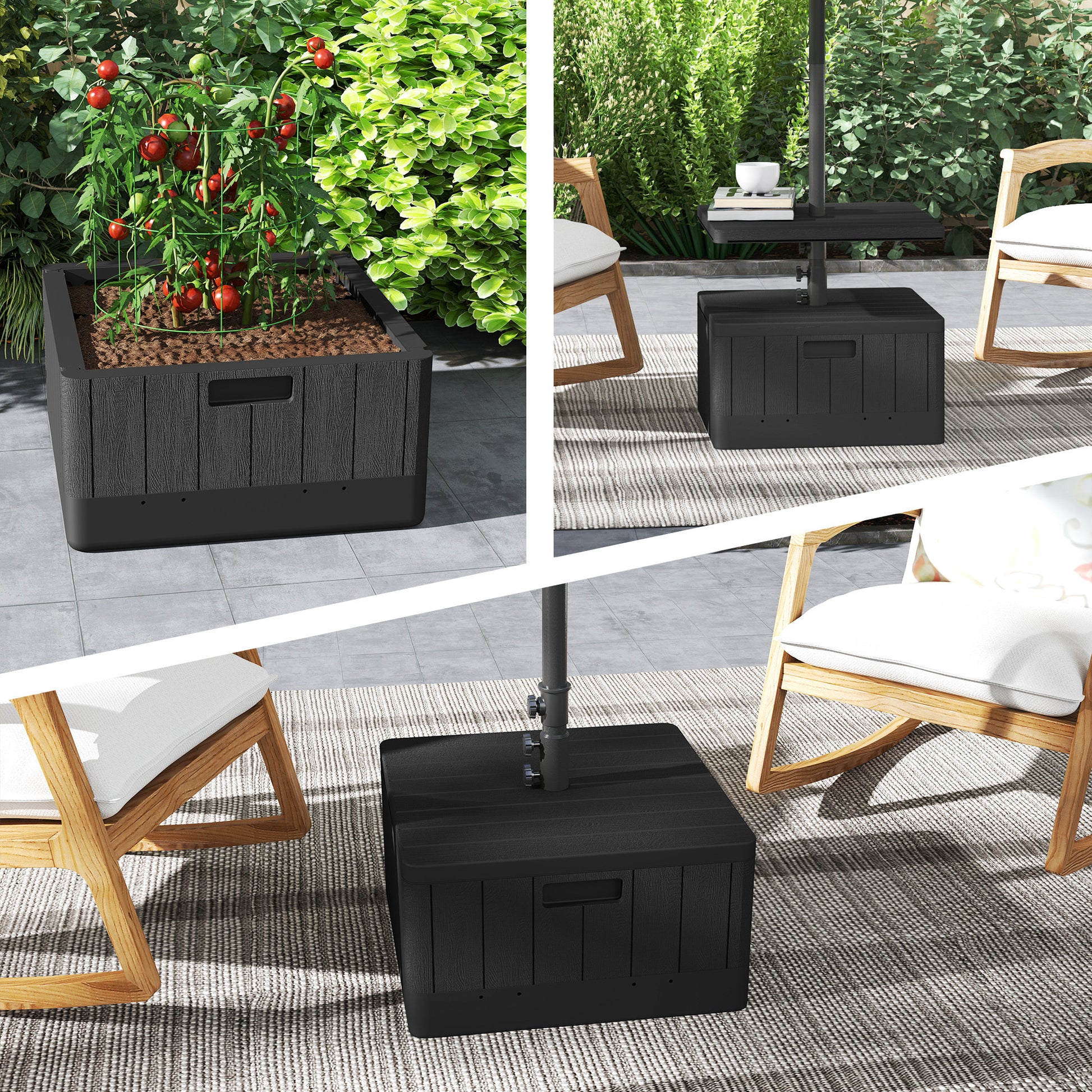 Outsunny Base para Sombrilla Exterior 3 en 1, Mesa Auxiliar Ajustable, Macetero con Orificio de Drenaje, Soporte de Parasol Rellenable Arena 80 kg con Ruedas y Asas, para Postes Ø38 y Ø48 mm, Negro
