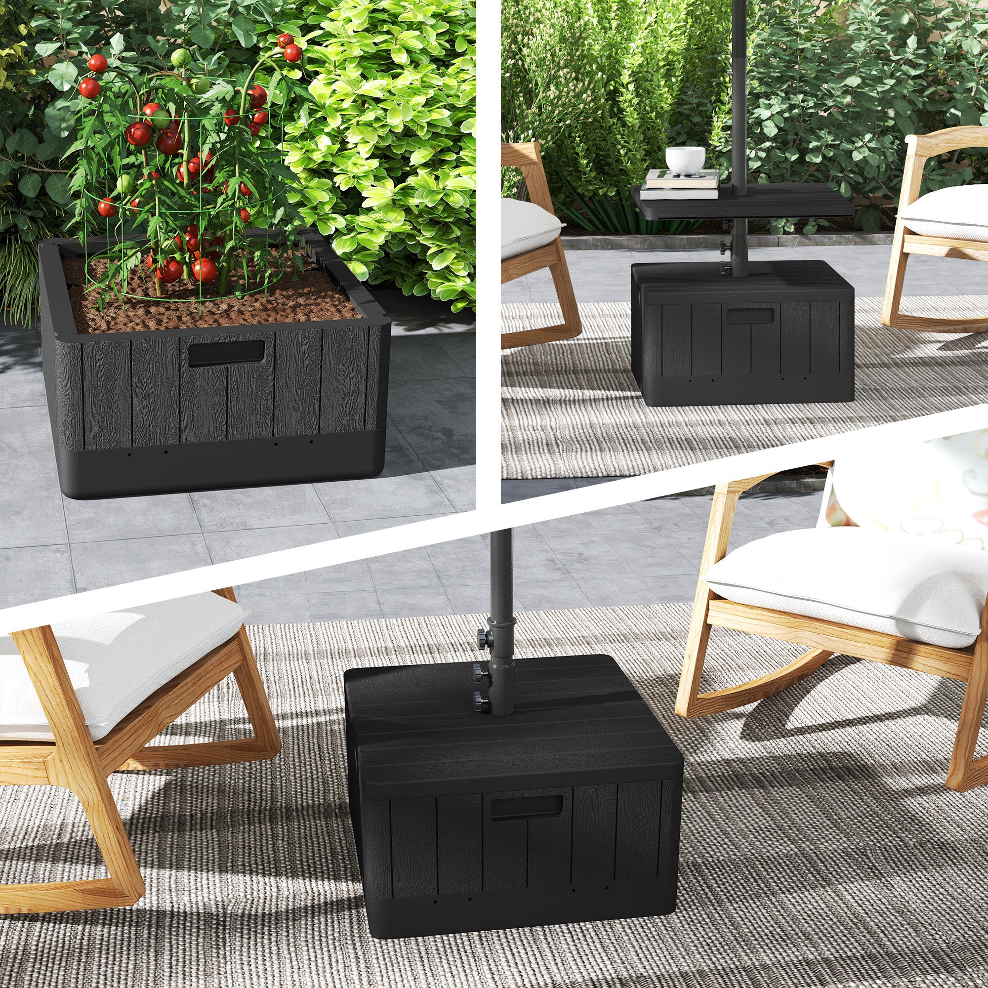 Outsunny Base para Sombrilla Exterior 3 en 1, Mesa Auxiliar Ajustable, Macetero con Orificio de Drenaje, Soporte de Parasol Rellenable Arena 80 kg con Ruedas y Asas, para Postes Ø38 y Ø48 mm, Negro