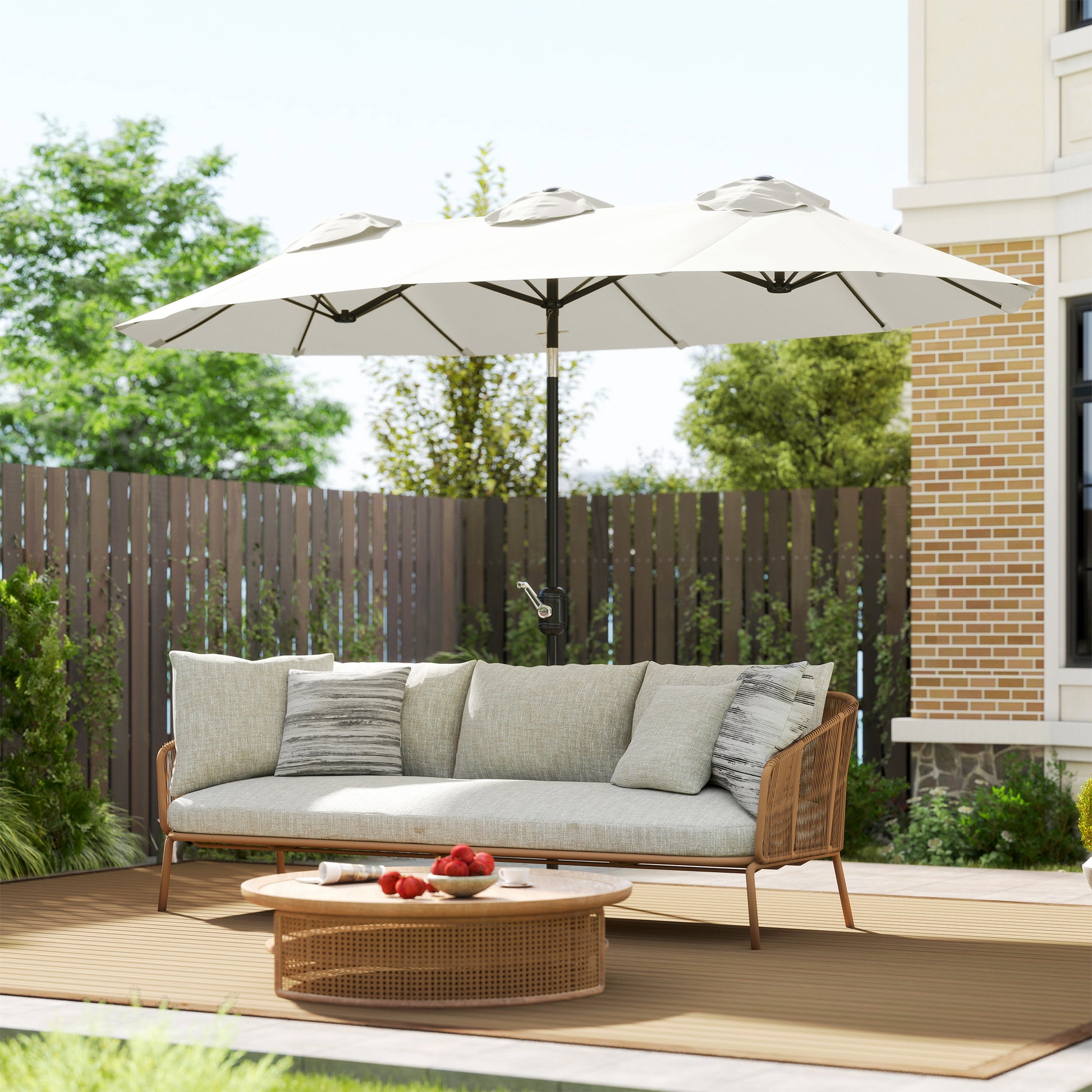 Outsunny Sombrilla Doble 2,95x1,52 m, Sombrilla Terraza Exterior con Inclinación 45°, Manivela Manual, Orificios de Ventilación, Impermeable, Parasol para Jardín, Terraza, Patio y Piscina, Crema