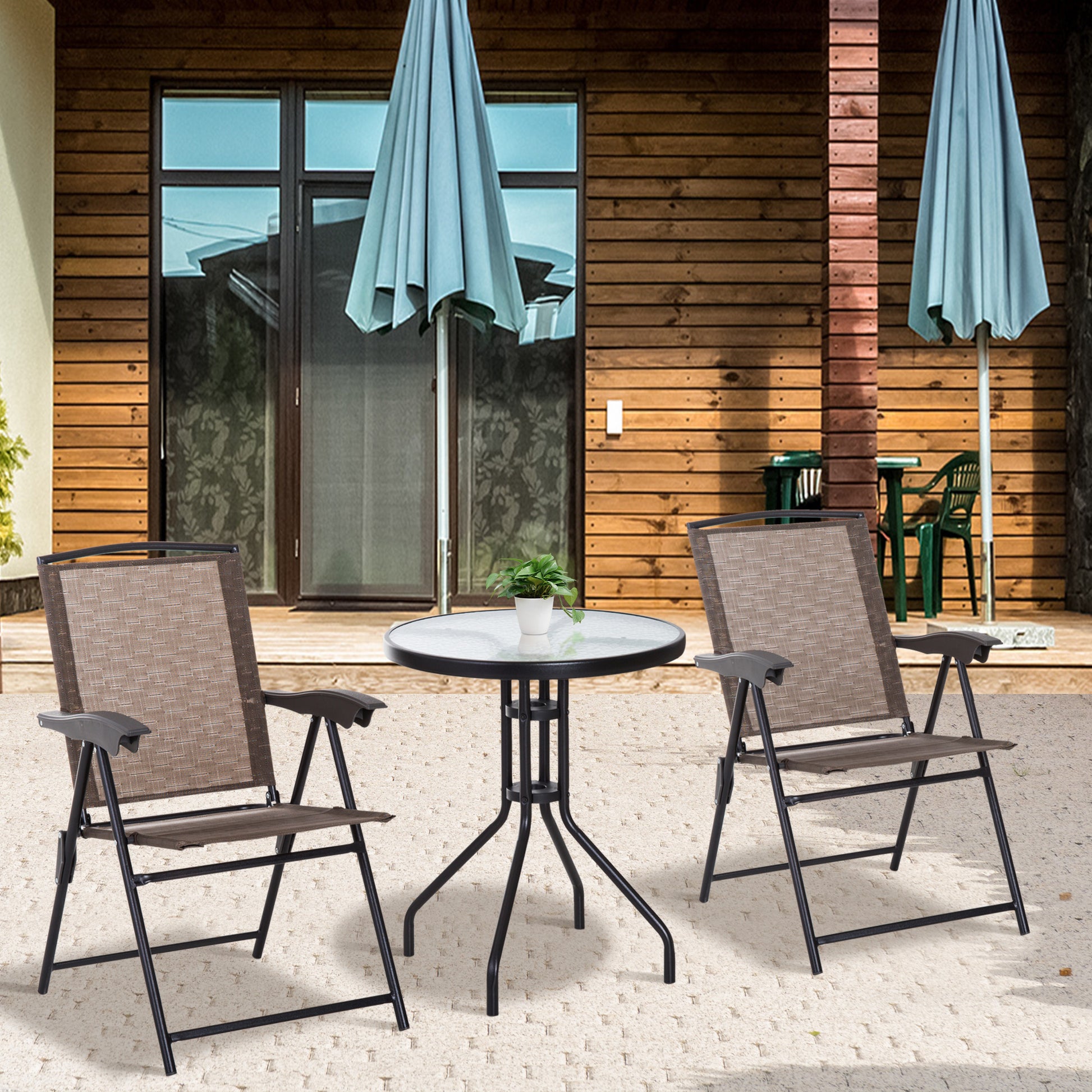 Outsunny Conjunto Mesa y 2 Sillas Muebles para Jardín Exterior Patio Terraza Silla Plegable Respaldo Reclinable a 4 Niveles Texteline Marco Acero Marrón