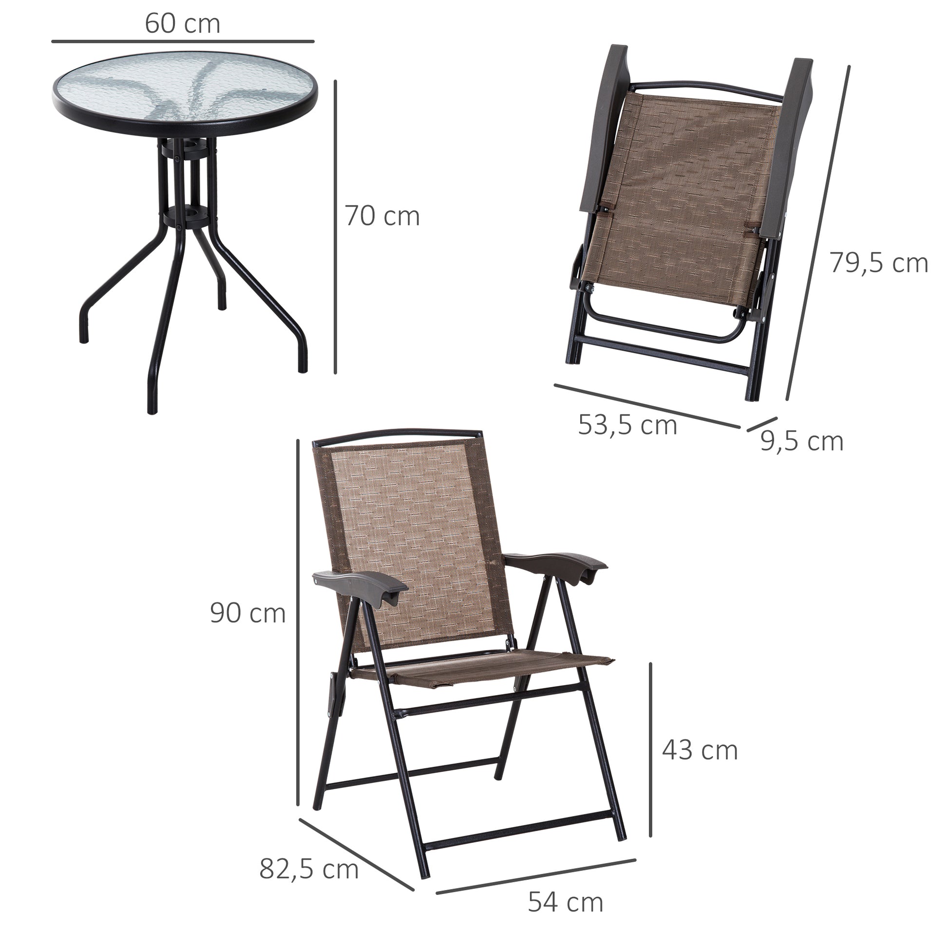 Outsunny Conjunto Mesa y 2 Sillas Muebles para Jardín Exterior Patio Terraza Silla Plegable Respaldo Reclinable a 4 Niveles Texteline Marco Acero Marrón