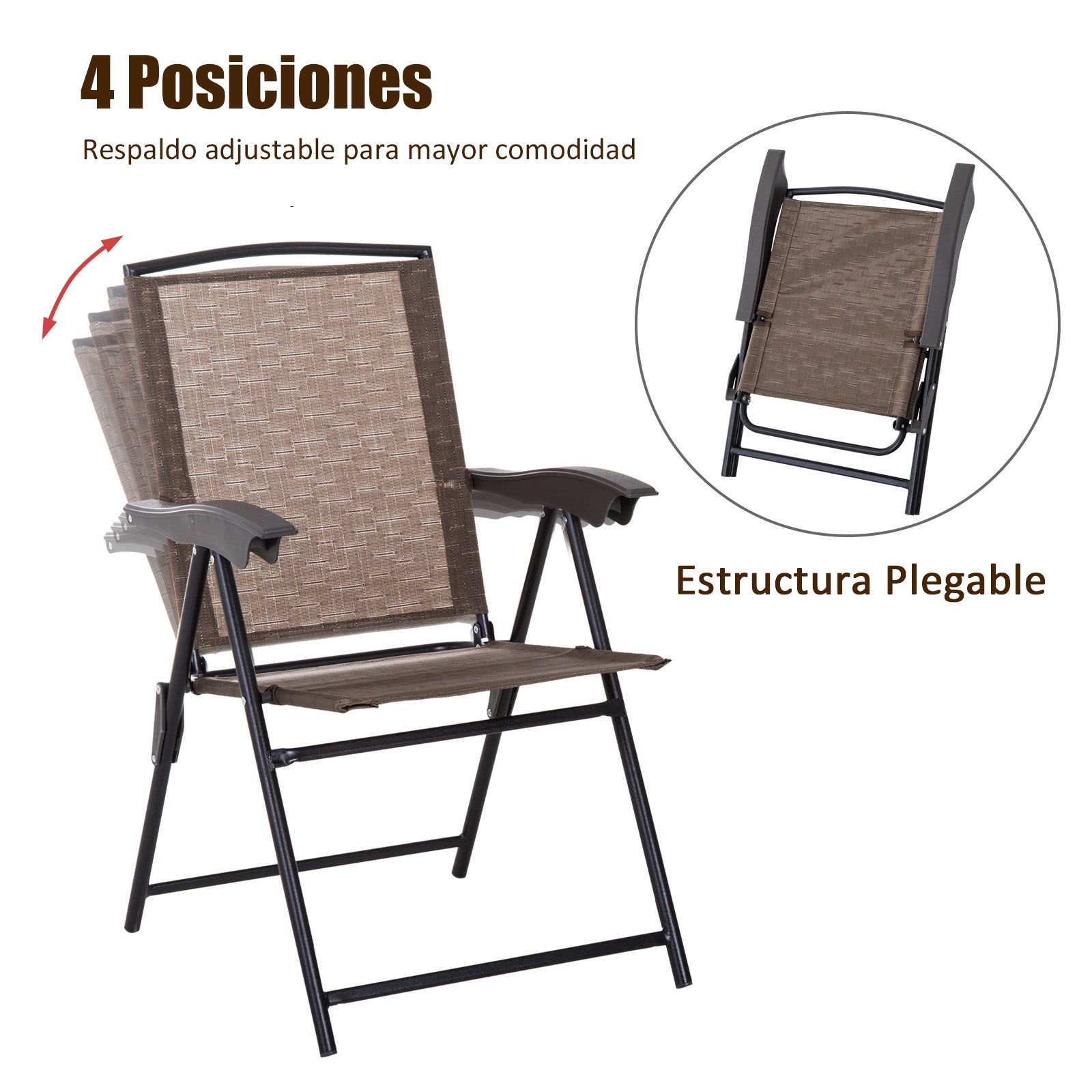 Outsunny Conjunto Mesa y 2 Sillas Muebles para Jardín Exterior Patio Terraza Silla Plegable Respaldo Reclinable a 4 Niveles Texteline Marco Acero Marrón