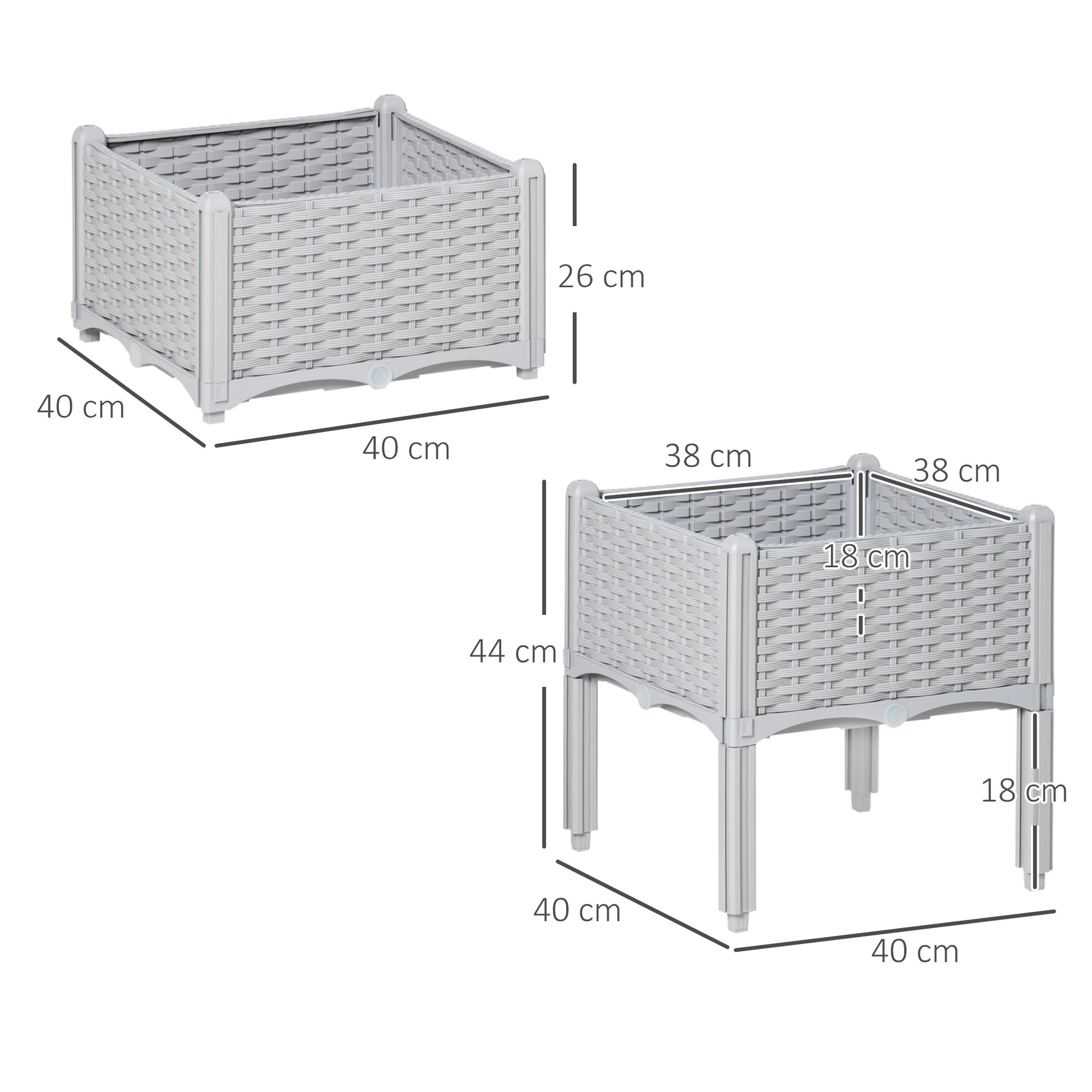 Outsunny Juego de 2 Jardineras de Exterior Jardineras Cuadradas Imitación a Mimbre Combinación Libre Maceteros para Jardín Patio 40x40x26/44 cm Gris