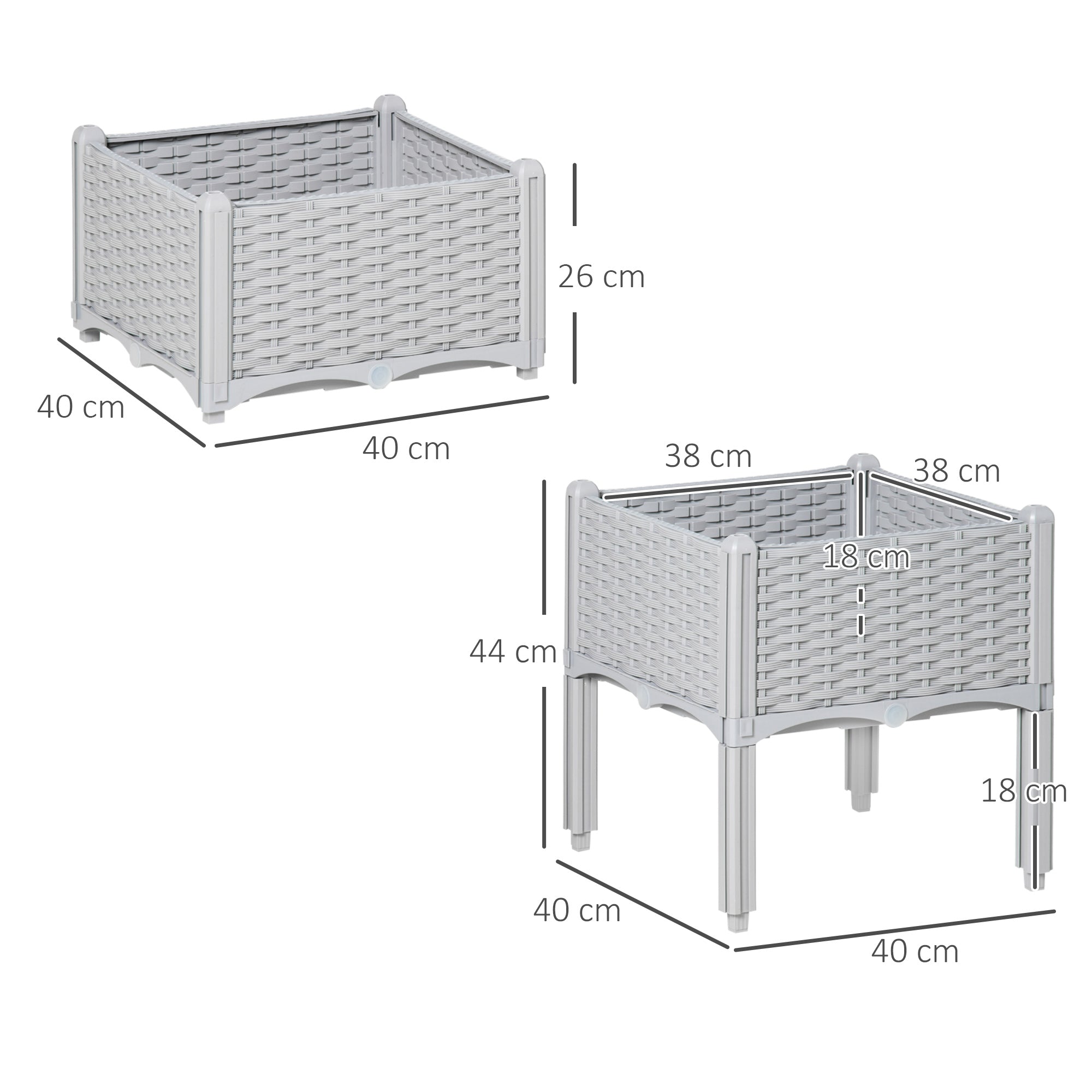 Outsunny Juego de 2 Jardineras de Exterior Jardineras Cuadradas Imitación a Mimbre Combinación Libre Maceteros para Jardín Patio 40x40x26/44 cm Gris