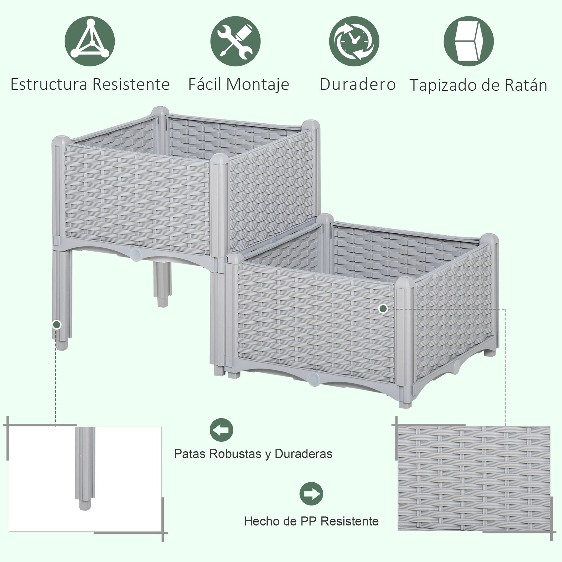 Outsunny Juego de 2 Jardineras de Exterior Jardineras Cuadradas Imitación a Mimbre Combinación Libre Maceteros para Jardín Patio 40x40x26/44 cm Gris