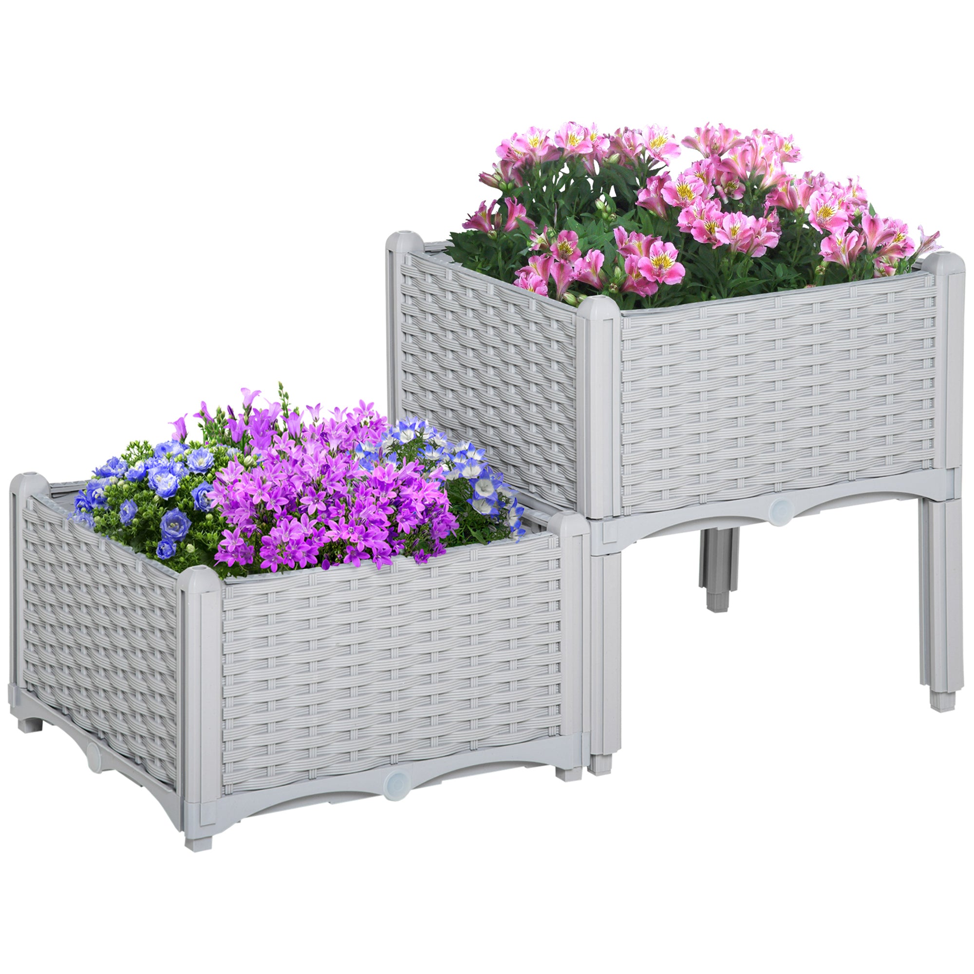 Outsunny Juego de 2 Jardineras de Exterior Jardineras Cuadradas Imitación a Mimbre Combinación Libre Maceteros para Jardín Patio 40x40x26/44 cm Gris