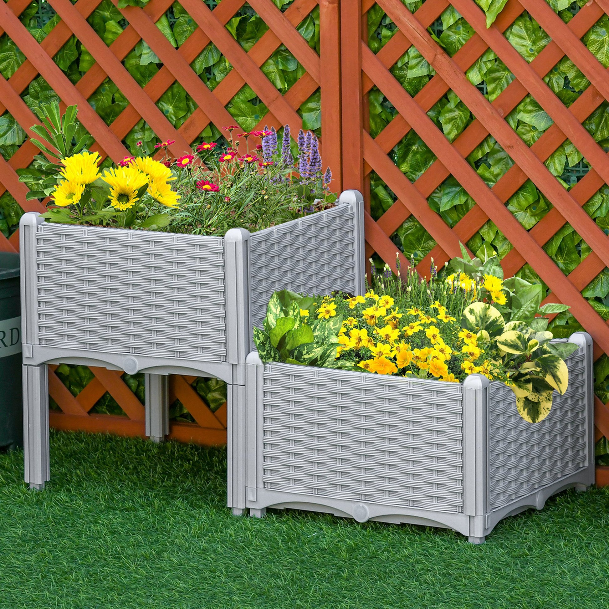 Outsunny Juego de 2 Jardineras de Exterior Jardineras Cuadradas Imitación a Mimbre Combinación Libre Maceteros para Jardín Patio 40x40x26/44 cm Gris