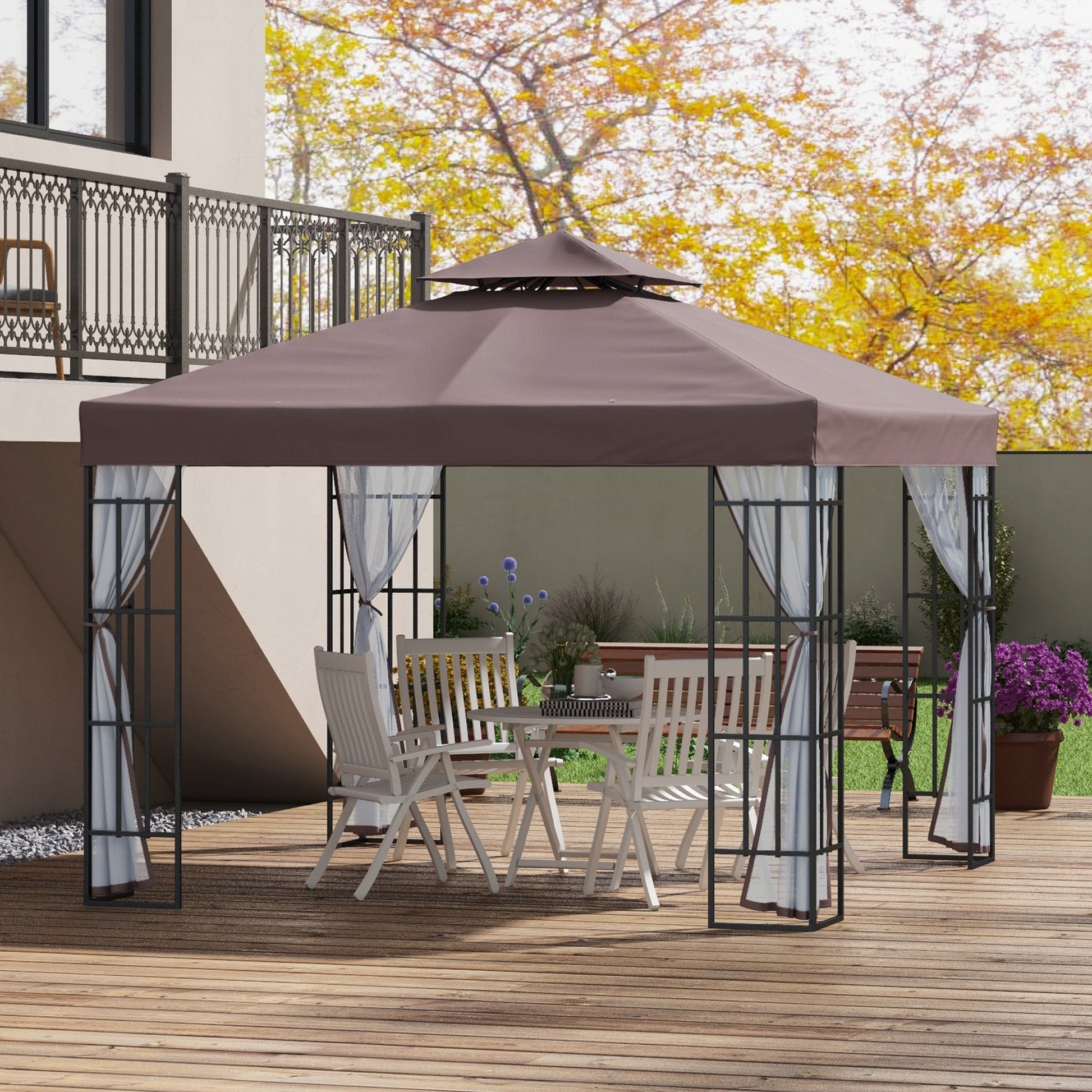 Outsunny Conjunto de 1 Cenador de Jardín 3x3 m con Doble Techo 4 Mosquiteras Extraíbles Anti-UV y 1 Techo de Repuesto para Fiestas Eventos Café y Teja