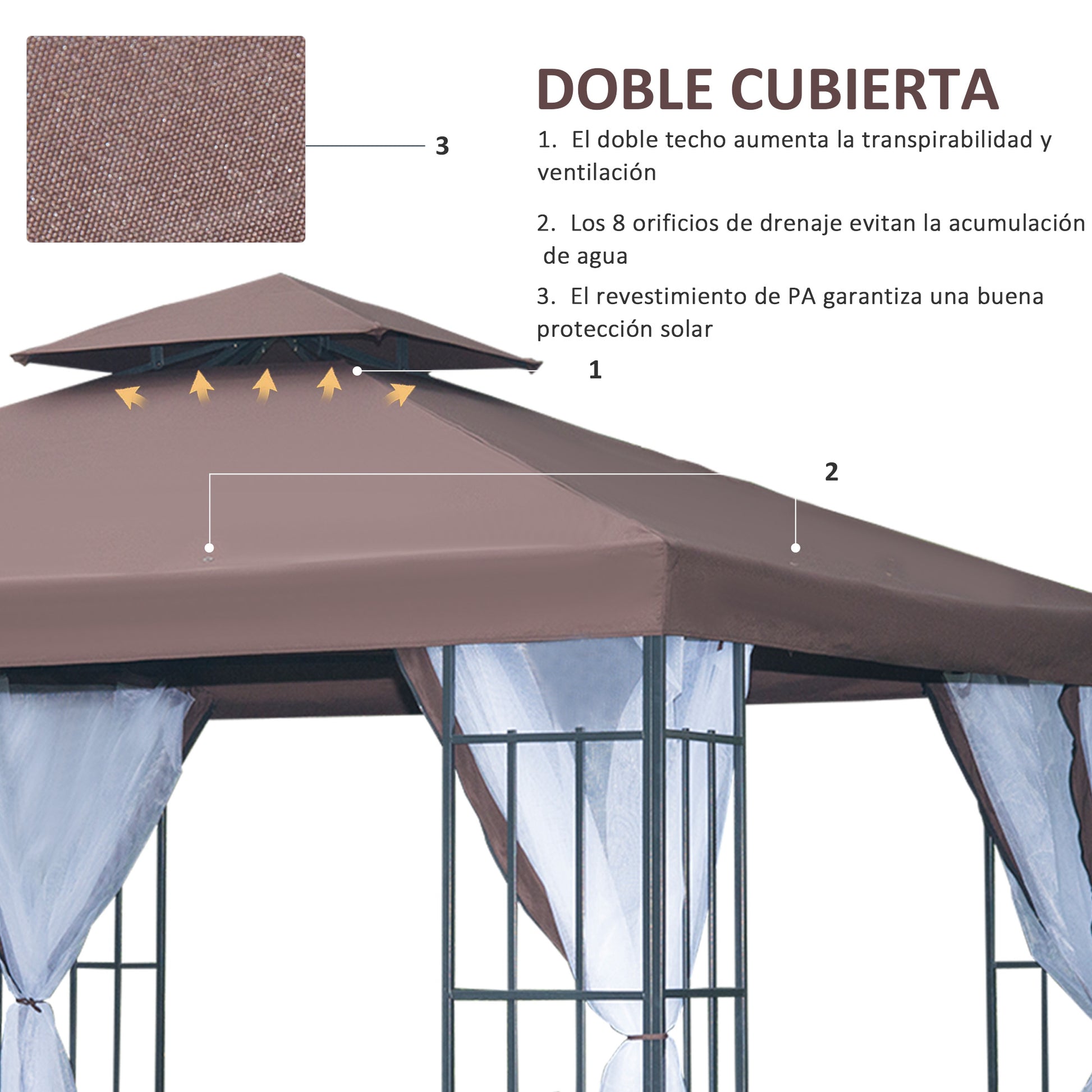 Outsunny Conjunto de 1 Cenador de Jardín 3x3 m con Doble Techo 4 Mosquiteras Extraíbles Anti-UV y 1 Techo de Repuesto para Fiestas Eventos Café y Teja