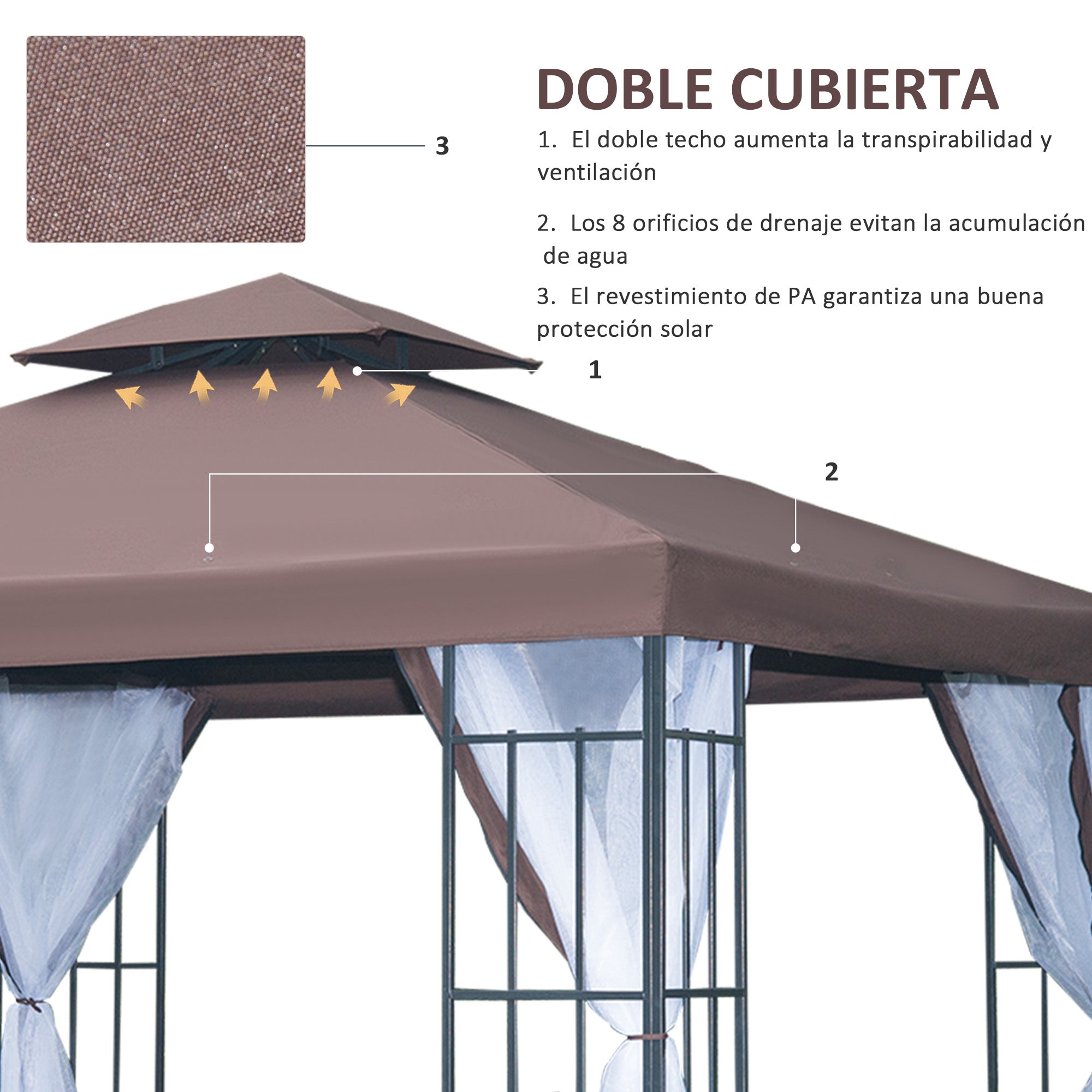 Outsunny Conjunto de 1 Cenador de Jardín 3x3 m con Doble Techo 4 Mosquiteras Extraíbles Anti-UV y 1 Techo de Repuesto para Fiestas Eventos Café y Teja