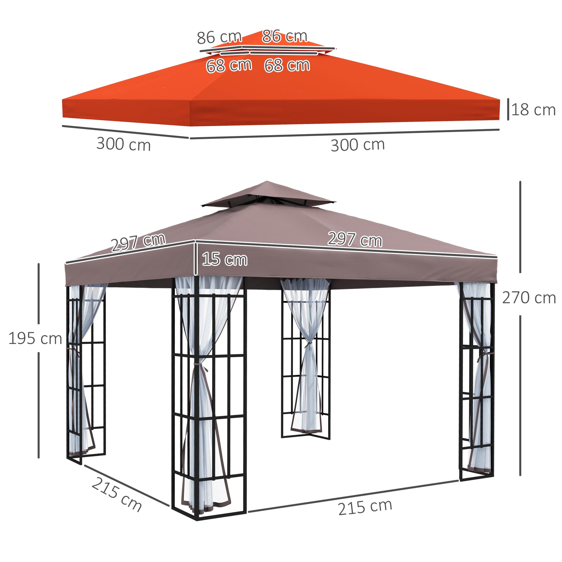 Outsunny Conjunto de 1 Cenador de Jardín 3x3 m con Doble Techo 4 Mosquiteras Extraíbles Anti-UV y 1 Techo de Repuesto para Fiestas Eventos Café y Teja