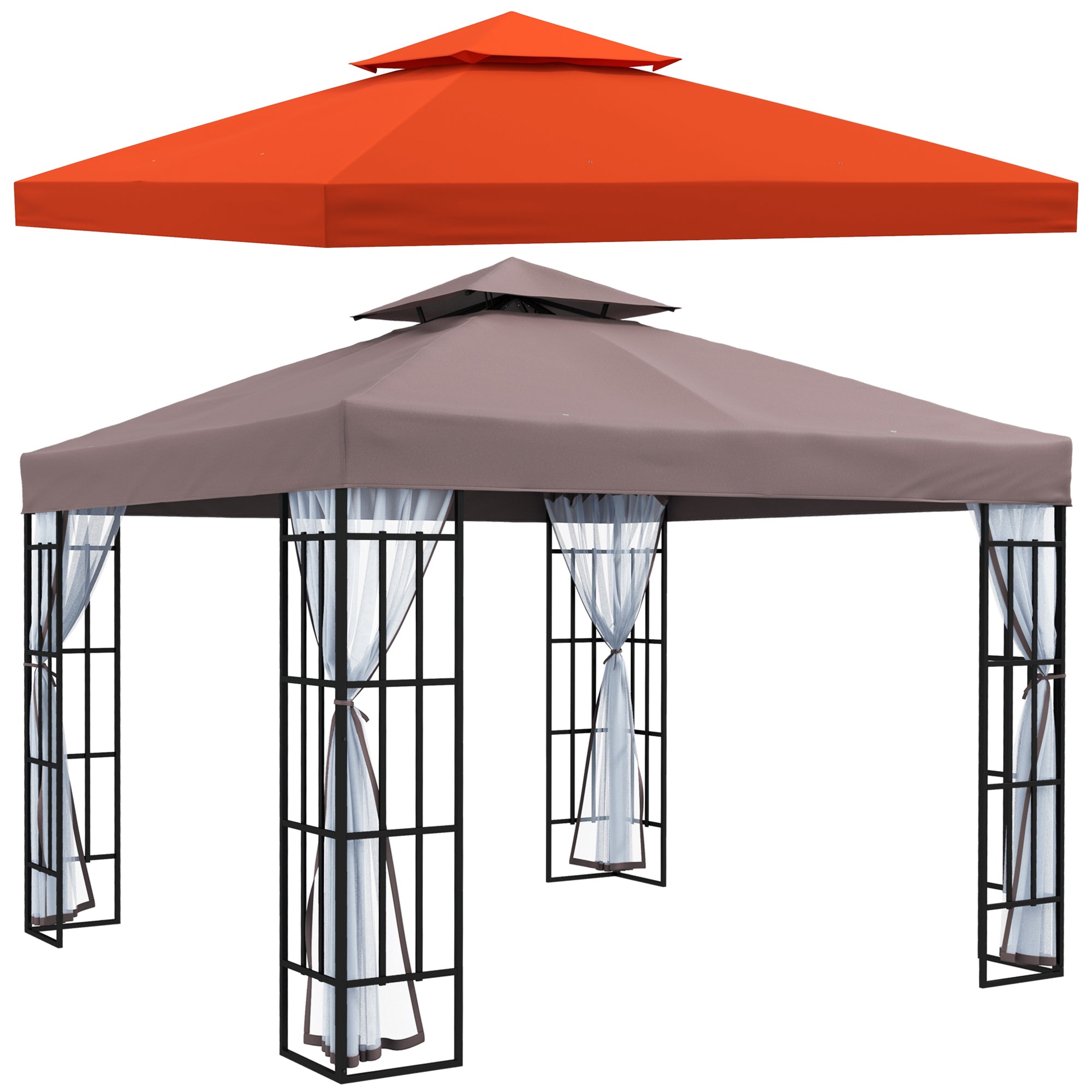 Outsunny Conjunto de 1 Cenador de Jardín 3x3 m con Doble Techo 4 Mosquiteras Extraíbles Anti-UV y 1 Techo de Repuesto para Fiestas Eventos Café y Teja