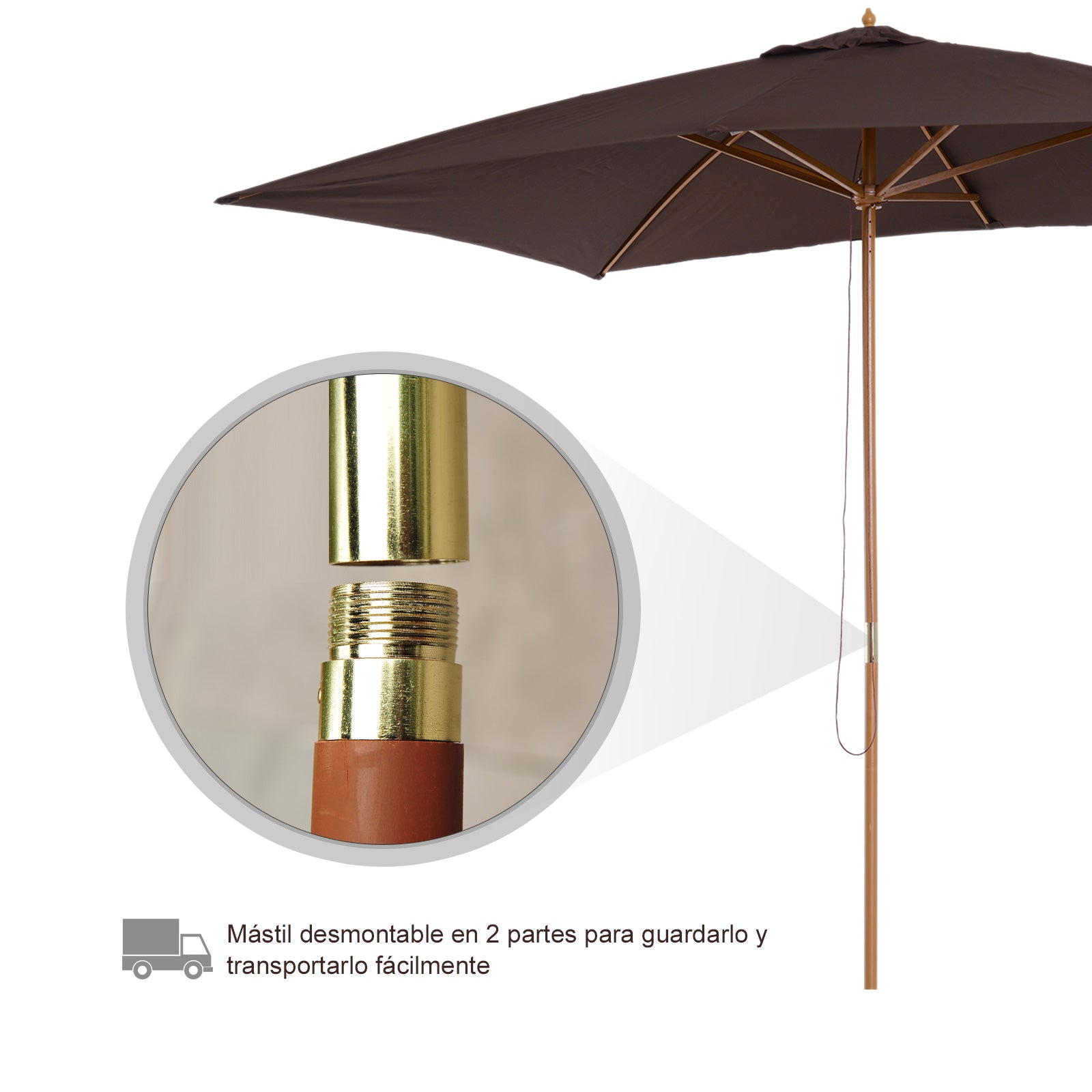 Outsunny Sombrilla Terraza Exterior 295x200 cm con Mástil de Madera Varillas de Bambú y Polea Parasol de Jardín Rectangular Impermeable para Patio o Terraza Estilo Clásico Café