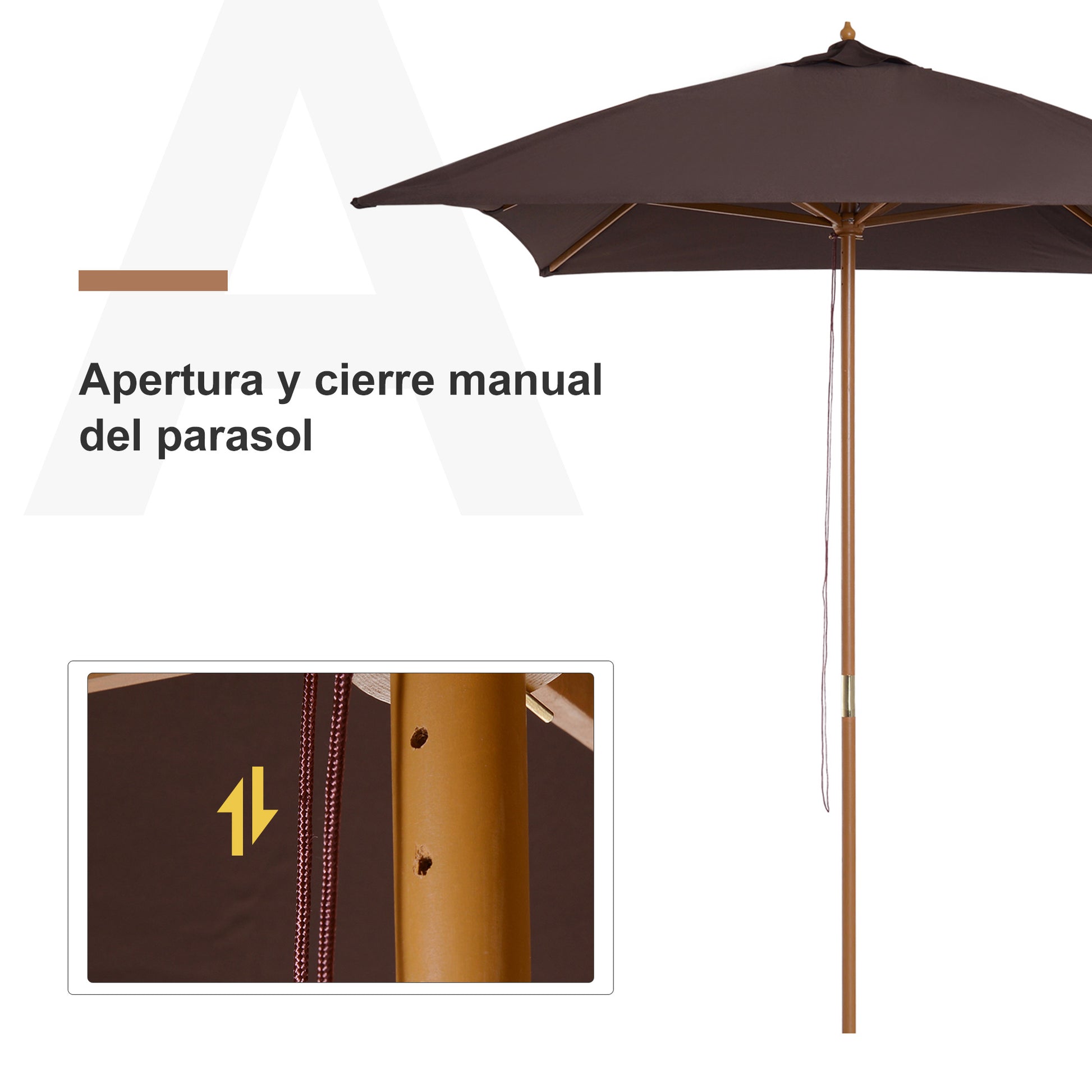 Outsunny Sombrilla Terraza Exterior 295x200 cm con Mástil de Madera Varillas de Bambú y Polea Parasol de Jardín Rectangular Impermeable para Patio o Terraza Estilo Clásico Café