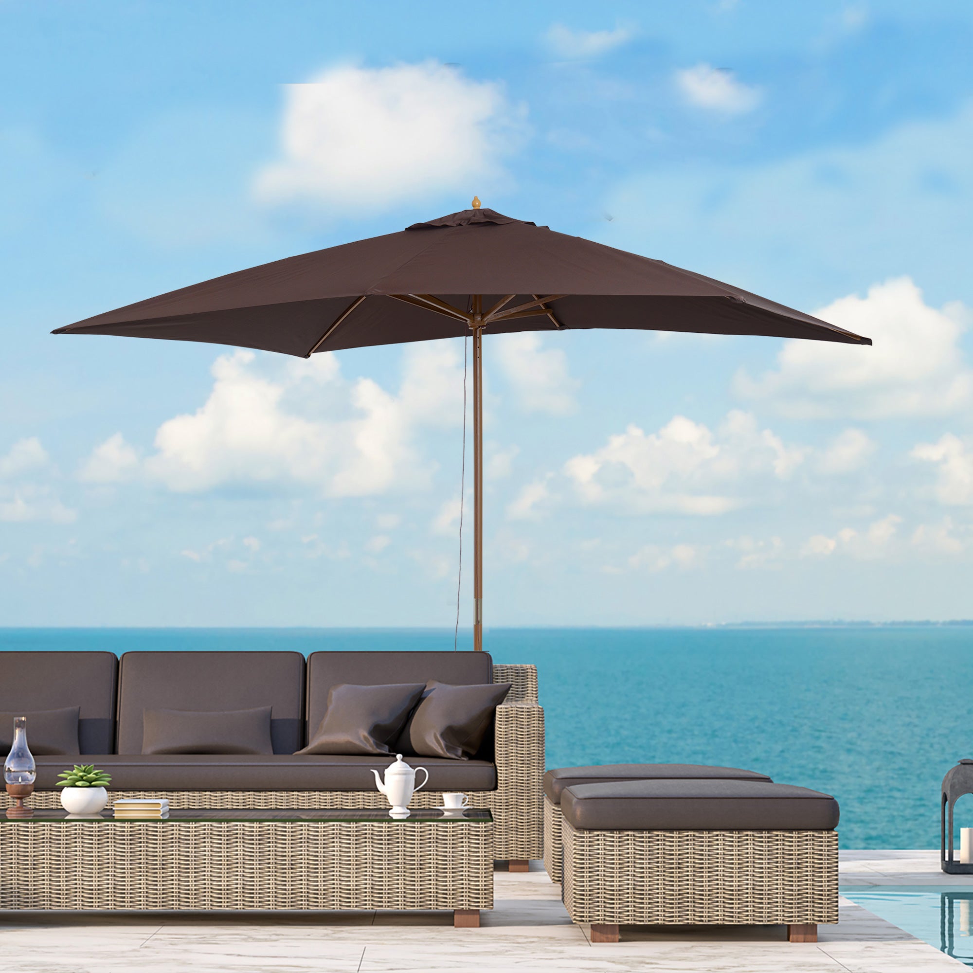 Outsunny Sombrilla Terraza Exterior 295x200 cm con Mástil de Madera Varillas de Bambú y Polea Parasol de Jardín Rectangular Impermeable para Patio o Terraza Estilo Clásico Café