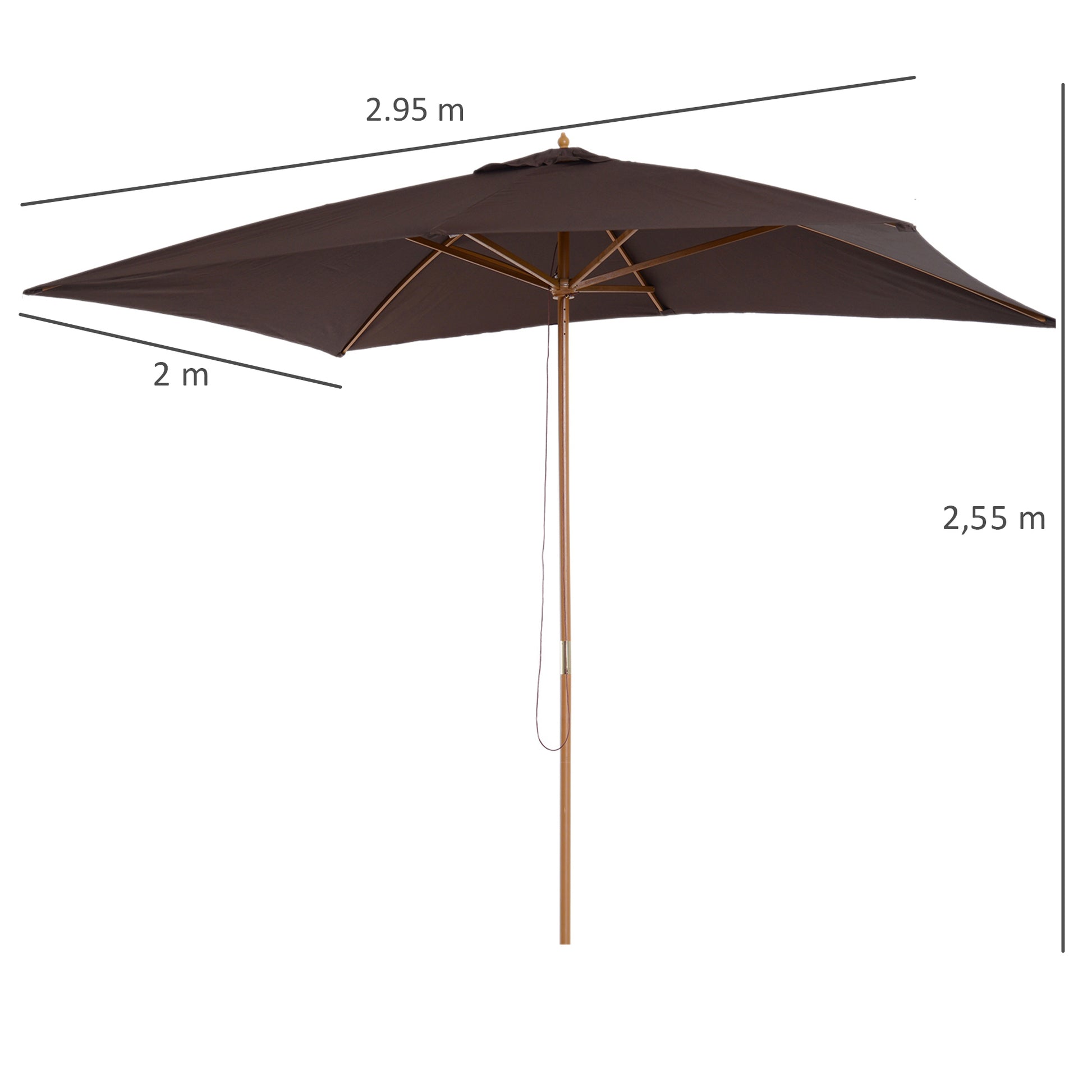 Outsunny Sombrilla Terraza Exterior 295x200 cm con Mástil de Madera Varillas de Bambú y Polea Parasol de Jardín Rectangular Impermeable para Patio o Terraza Estilo Clásico Café