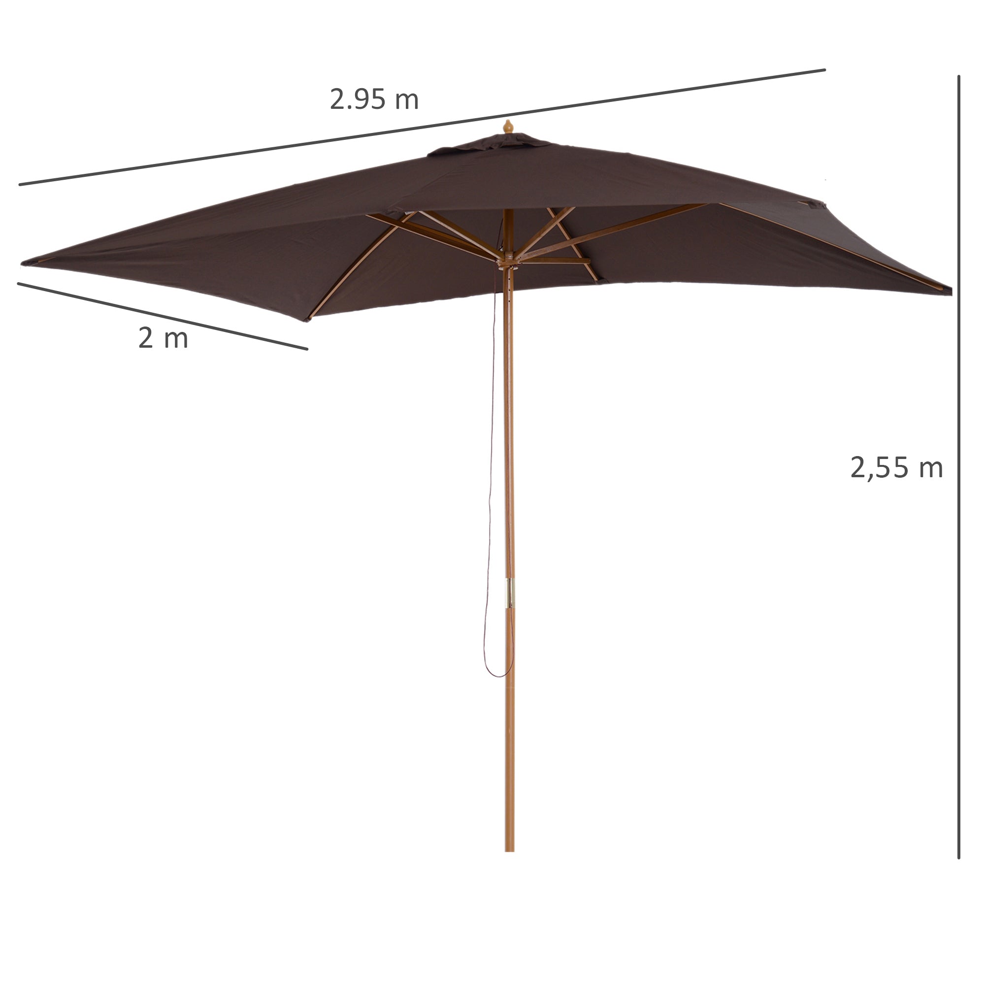 Outsunny Sombrilla Terraza Exterior 295x200 cm con Mástil de Madera Varillas de Bambú y Polea Parasol de Jardín Rectangular Impermeable para Patio o Terraza Estilo Clásico Café
