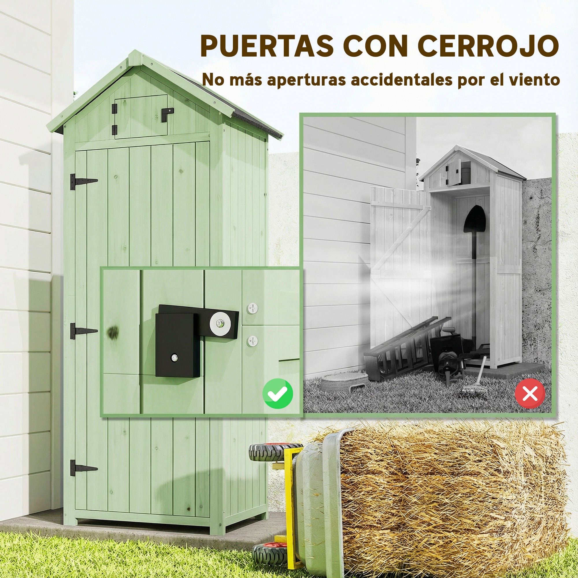 Outsunny Armario de Jardín de Madera 77x54,2x179 cm 0,3 m² Cobertizo para Almacenaje de Herramientas con 3 Estantes y 2 Puertas con Cerrojo para Patio Terraza Verde