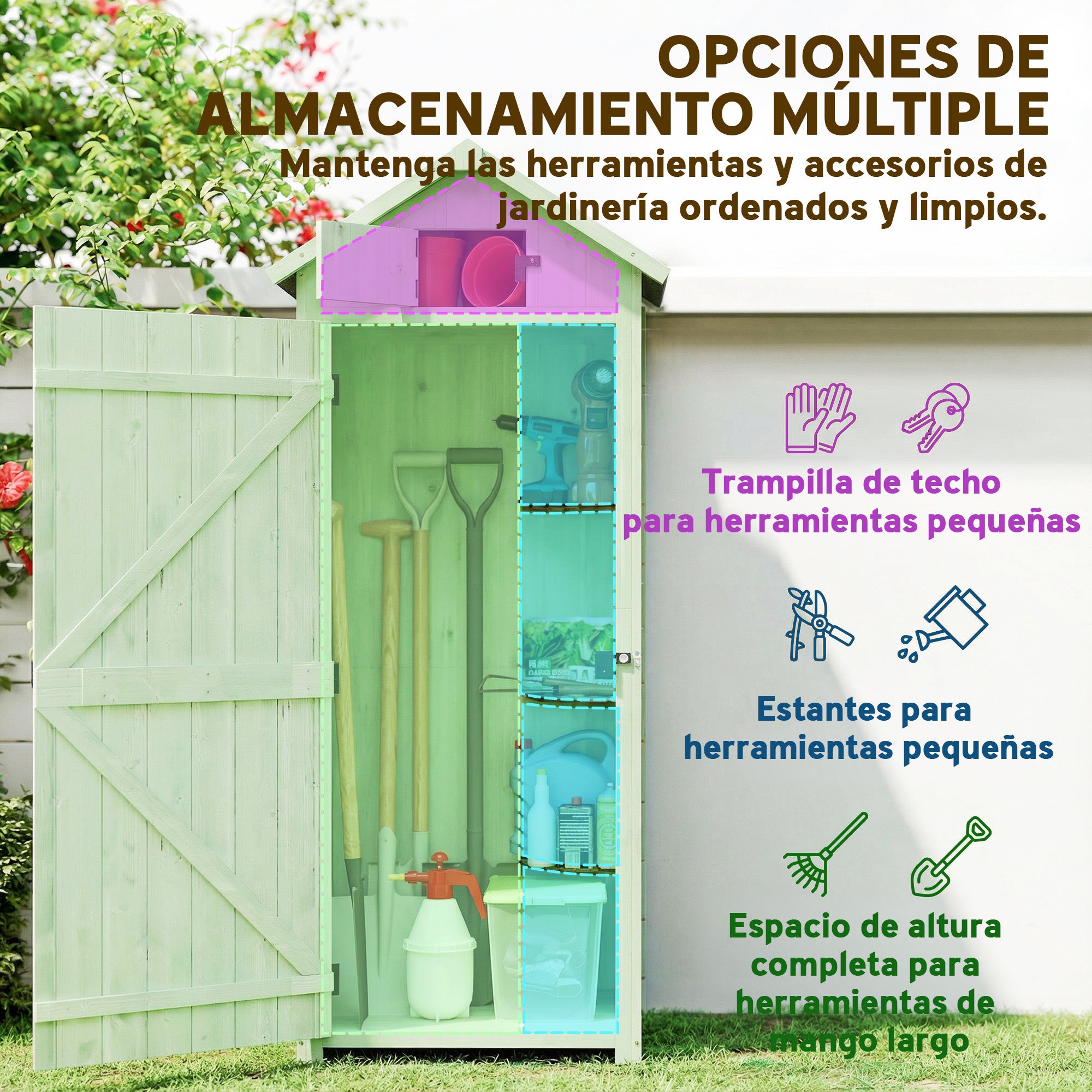 Outsunny Armario de Jardín de Madera 77x54,2x179 cm 0,3 m² Cobertizo para Almacenaje de Herramientas con 3 Estantes y 2 Puertas con Cerrojo para Patio Terraza Verde