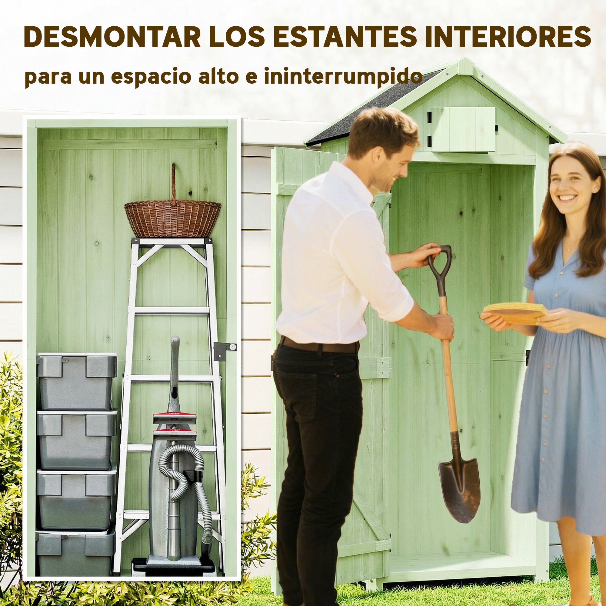 Outsunny Armario de Jardín de Madera 77x54,2x179 cm 0,3 m² Cobertizo para Almacenaje de Herramientas con 3 Estantes y 2 Puertas con Cerrojo para Patio Terraza Verde