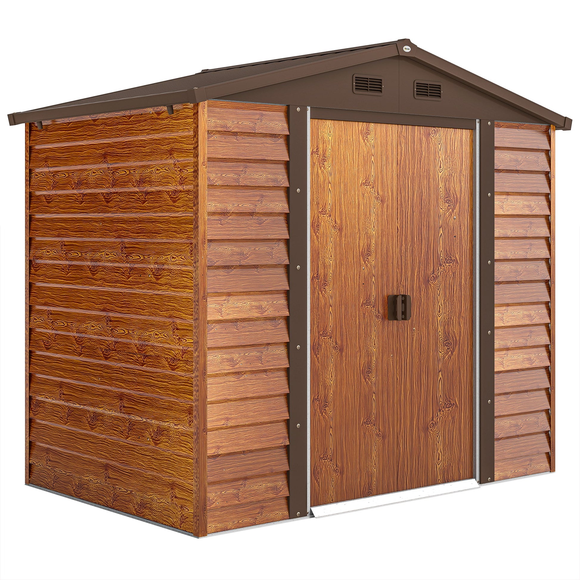 Outsunny Caseta de Jardín Exterior 3 m² 235,7x152x208,7 cm Cobertizo de Jardín Exterior Metálica con 2 Puertas Corredizas y 4 Ventanas para Almacenamiento de Herramientas Efecto Madera Natural y Café