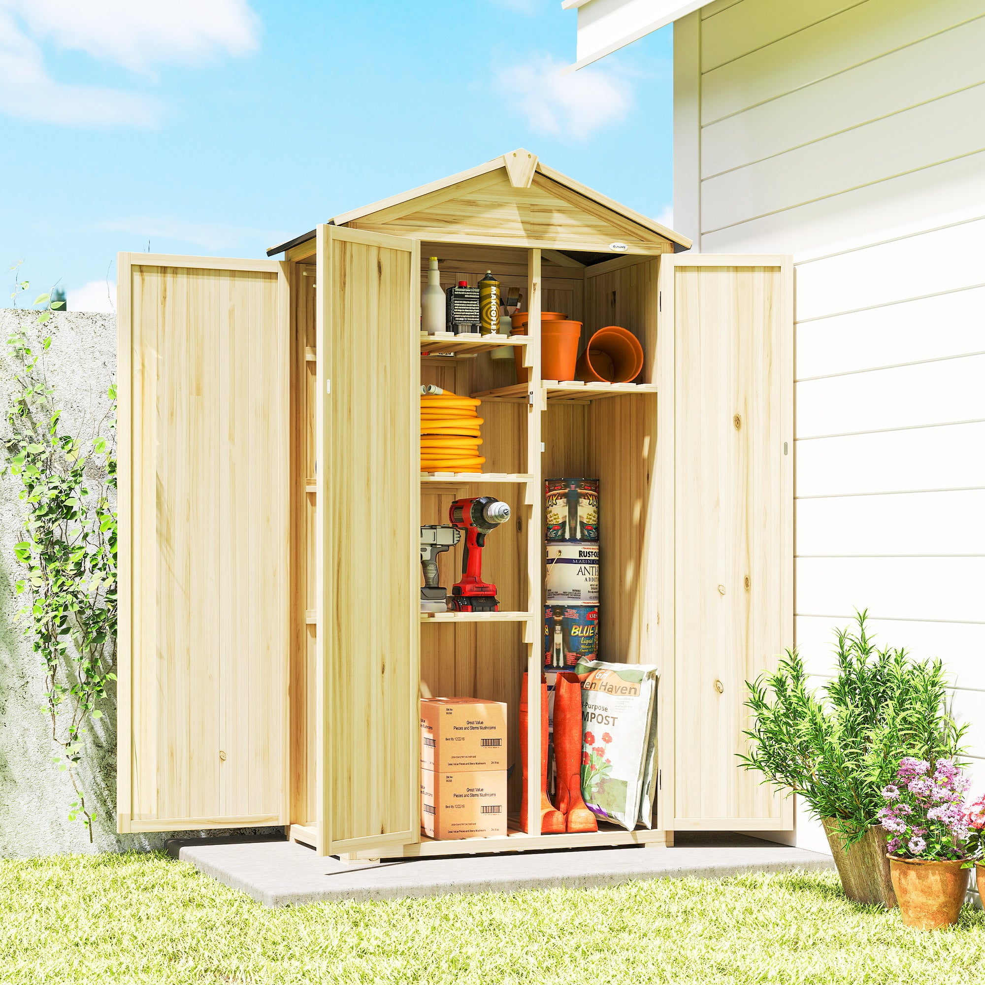 Outsunny Caseta de Jardín de Madera 93x53x168 cm, Cobertizo Jardín Exterior, Armario Exterior para Herramientas con Puertas Bloqueables, 4 Estantes, Techo Asfáltico Inclinado y Ganchos, Madera Natural