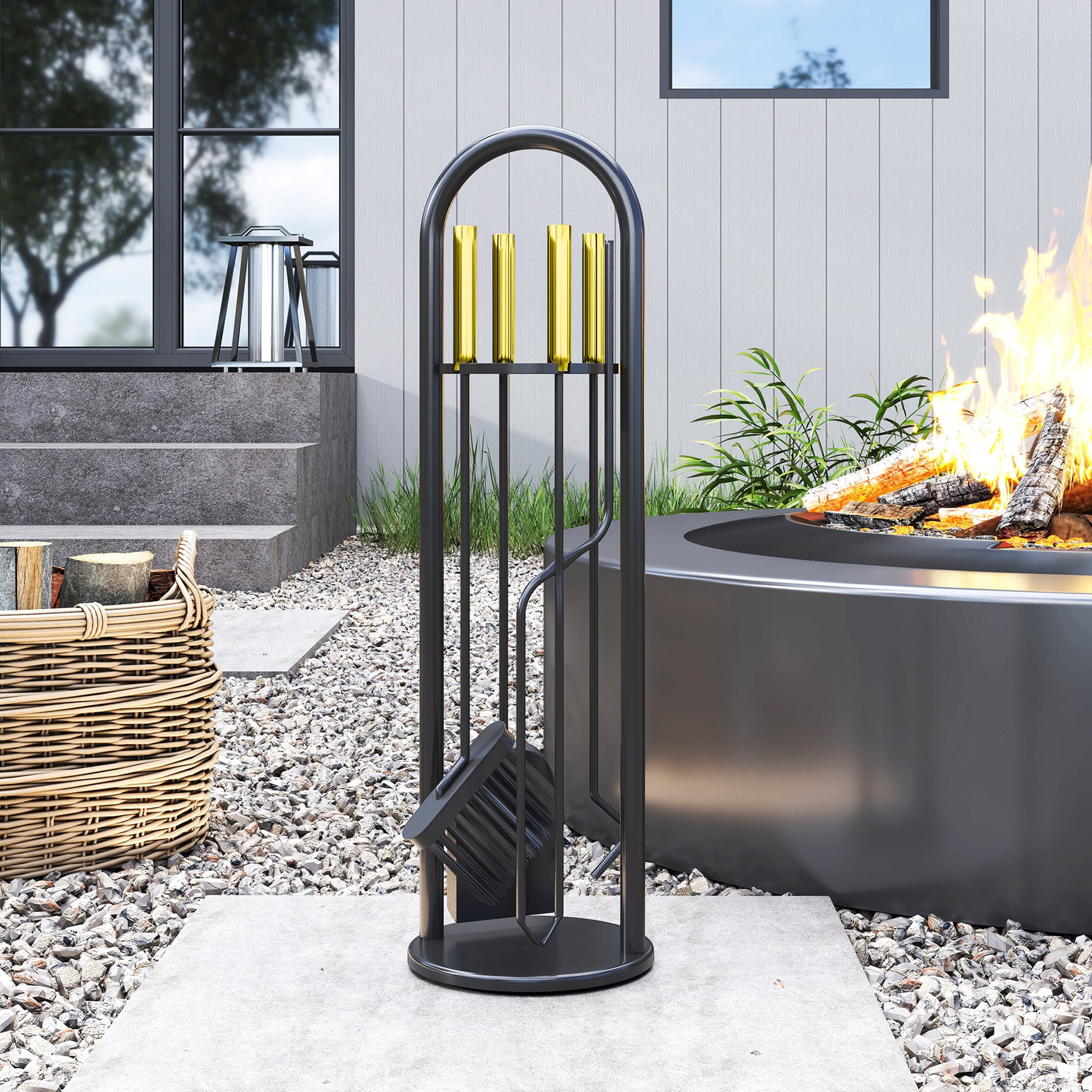 Outsunny Juego Utensilios Chimenea de 5 Piezas, Juego de Accesorios para Chimenea de Metal con Escoba, Pala, 1 Par de Tenazas, Atizador y Soporte, 20x20x71 cm, Negro y Dorado