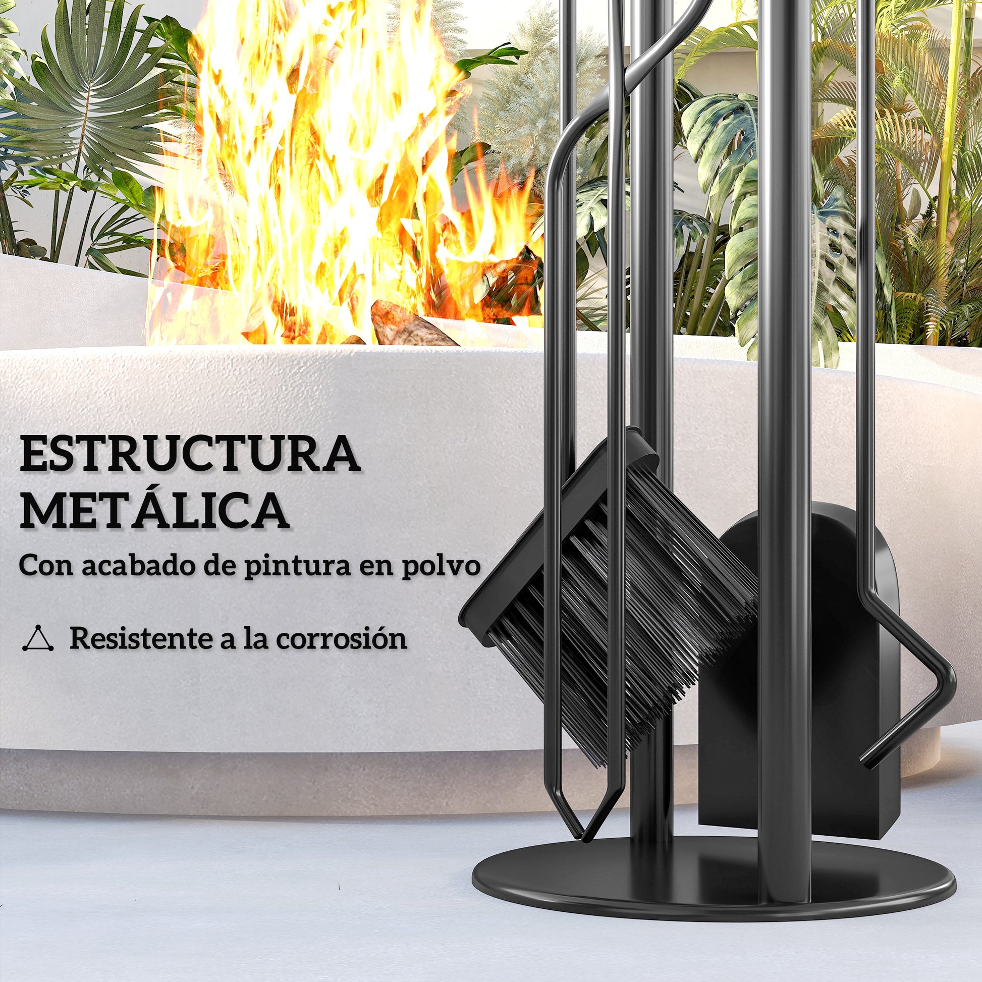 Outsunny Juego Utensilios Chimenea de 5 Piezas, Juego de Accesorios para Chimenea de Metal con Escoba, Pala, 1 Par de Tenazas, Atizador y Soporte, 20x20x71 cm, Negro y Dorado