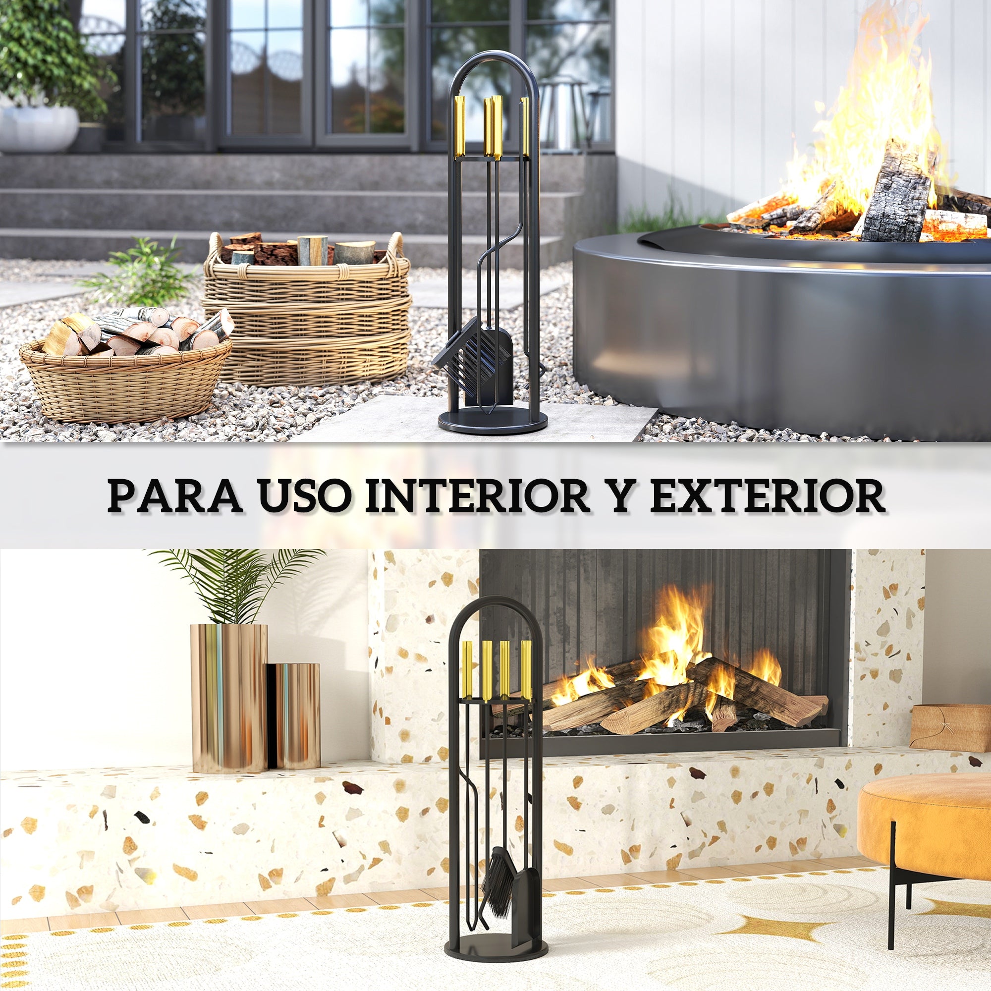 Outsunny Juego Utensilios Chimenea de 5 Piezas, Juego de Accesorios para Chimenea de Metal con Escoba, Pala, 1 Par de Tenazas, Atizador y Soporte, 20x20x71 cm, Negro y Dorado