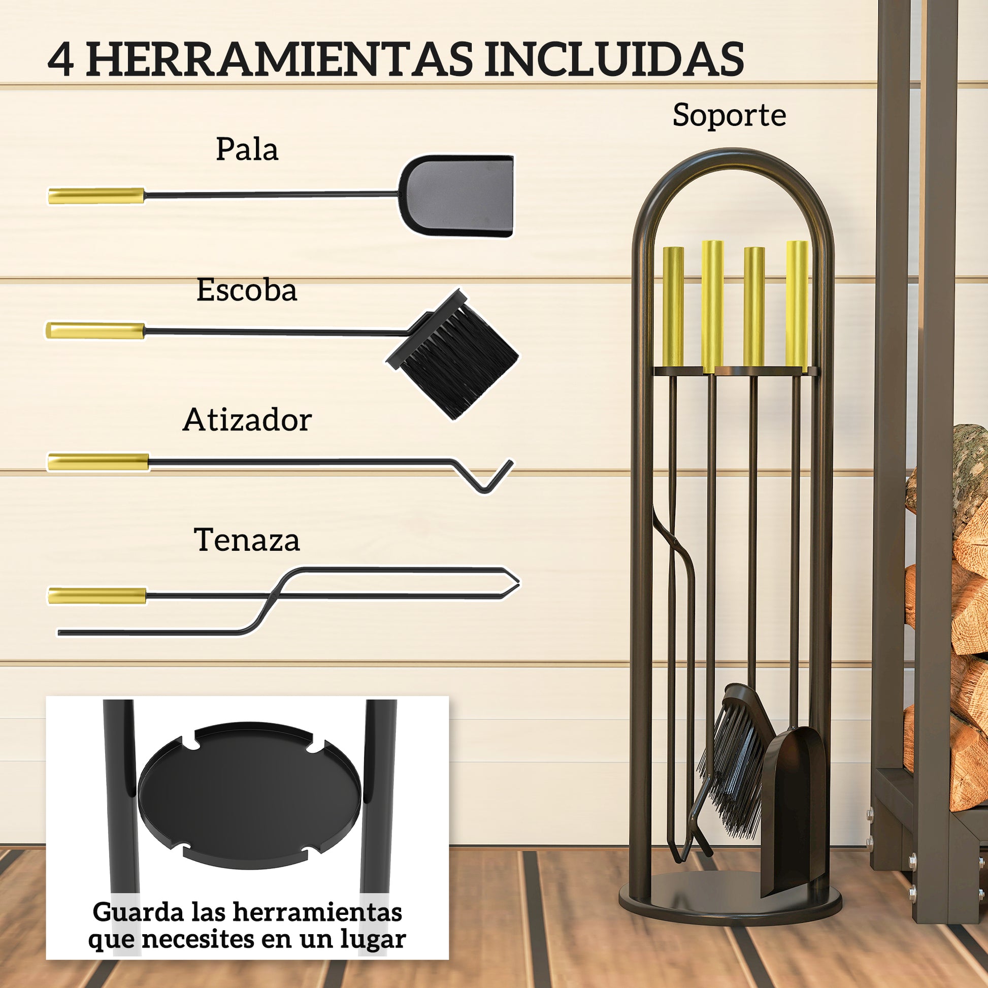 Outsunny Juego Utensilios Chimenea de 5 Piezas, Juego de Accesorios para Chimenea de Metal con Escoba, Pala, 1 Par de Tenazas, Atizador y Soporte, 20x20x71 cm, Negro y Dorado