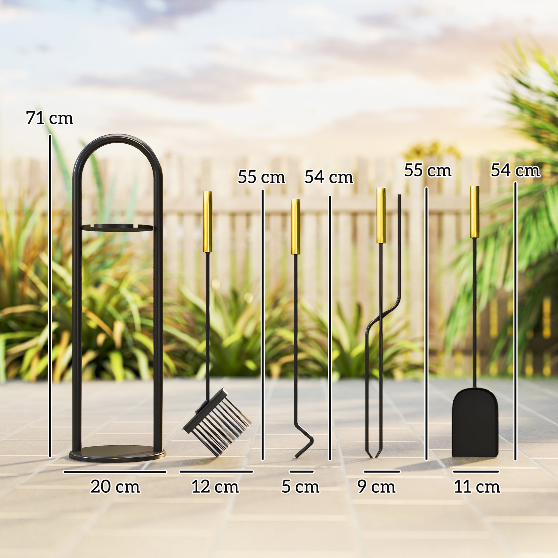 Outsunny Juego Utensilios Chimenea de 5 Piezas, Juego de Accesorios para Chimenea de Metal con Escoba, Pala, 1 Par de Tenazas, Atizador y Soporte, 20x20x71 cm, Negro y Dorado