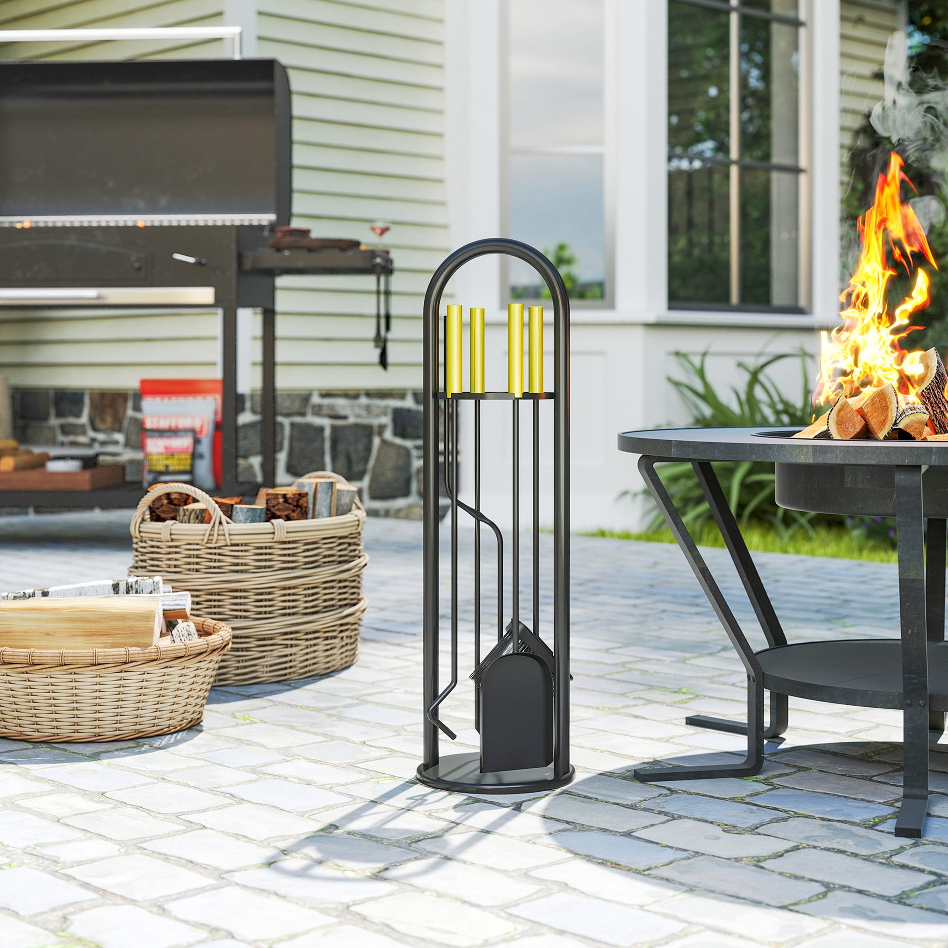 Outsunny Juego Utensilios Chimenea de 5 Piezas, Juego de Accesorios para Chimenea de Metal con Escoba, Pala, 1 Par de Tenazas, Atizador y Soporte, 20x20x71 cm, Negro y Dorado
