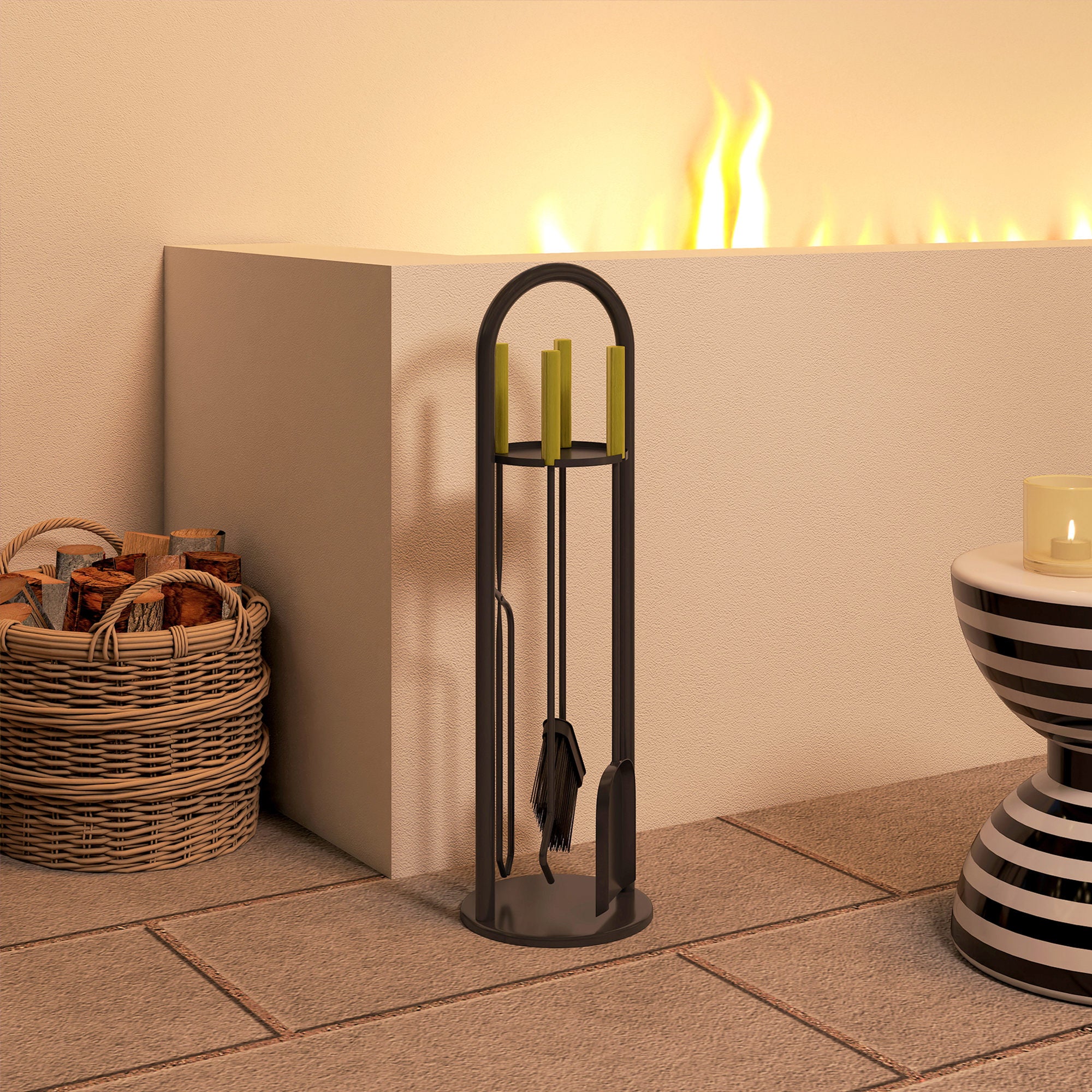 Outsunny Juego Utensilios Chimenea de 5 Piezas, Juego de Accesorios para Chimenea de Metal con Escoba, Pala, 1 Par de Tenazas, Atizador y Soporte, 20x20x71 cm, Negro y Dorado