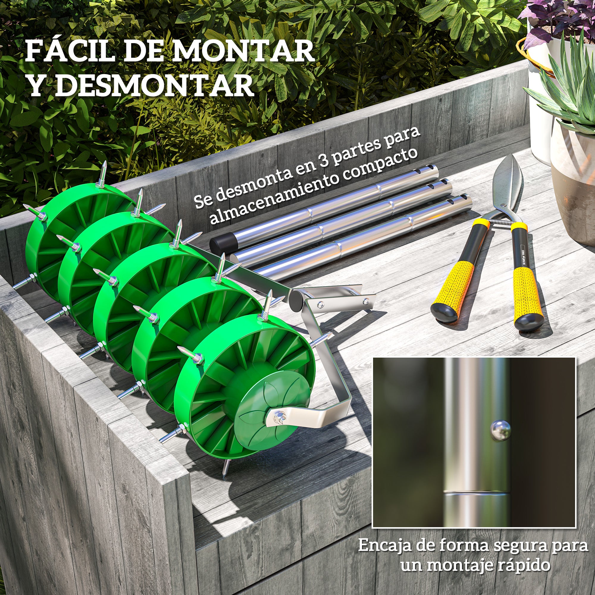 Outsunny Rodillo Aireador de Césped, Aireador de Césped Manual con Clavos y Mango Desmontable de 100 cm en Tres Piezas y Púas para Aflojar el Suelo, para Jardín, Patio, 45 cm Ancho