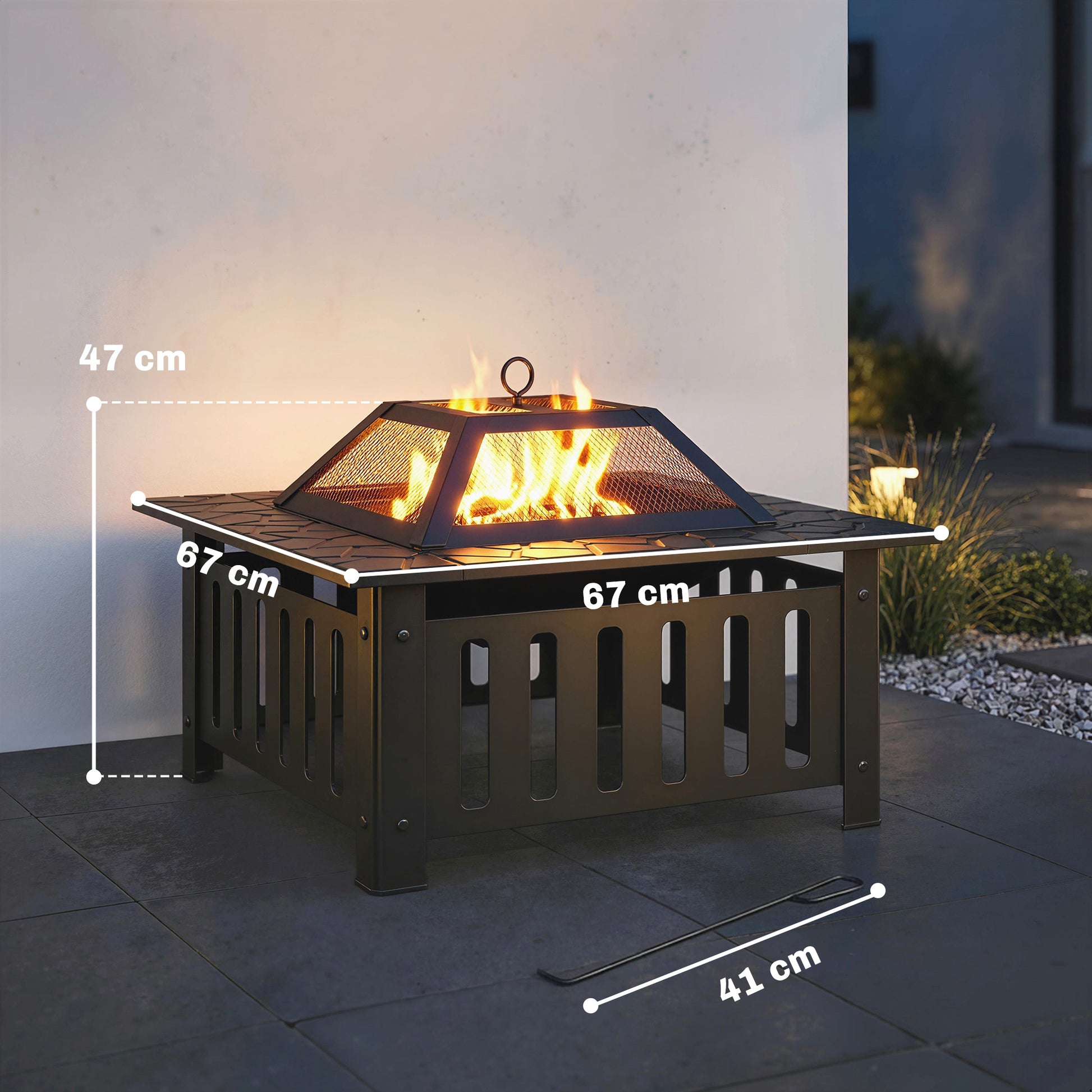 Outsunny Brasero Exterior de Acero Cuadrado, 67x67x47 cm, Brasero Exterior Jardín con Atizador, Tapa de Malla, para Terraza, Camping, Fiesta, Negro
