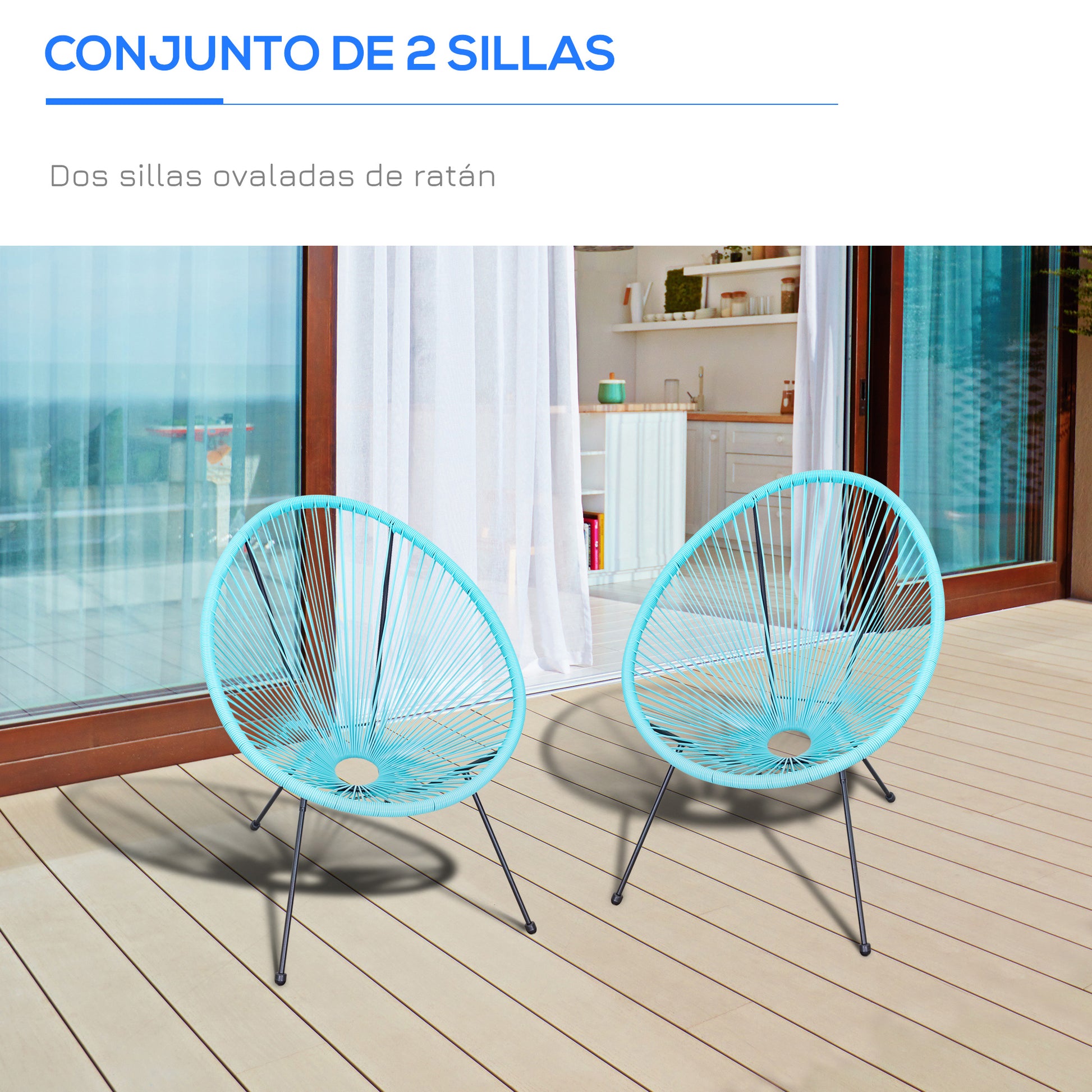 Outsunny Conjunto de 2 Sillas de Jardín de Ratán Pack 2 Sillas Acapulco Forma Ovalada Respaldo Alto Interior Exterior 73x77x87 cm Turquesa