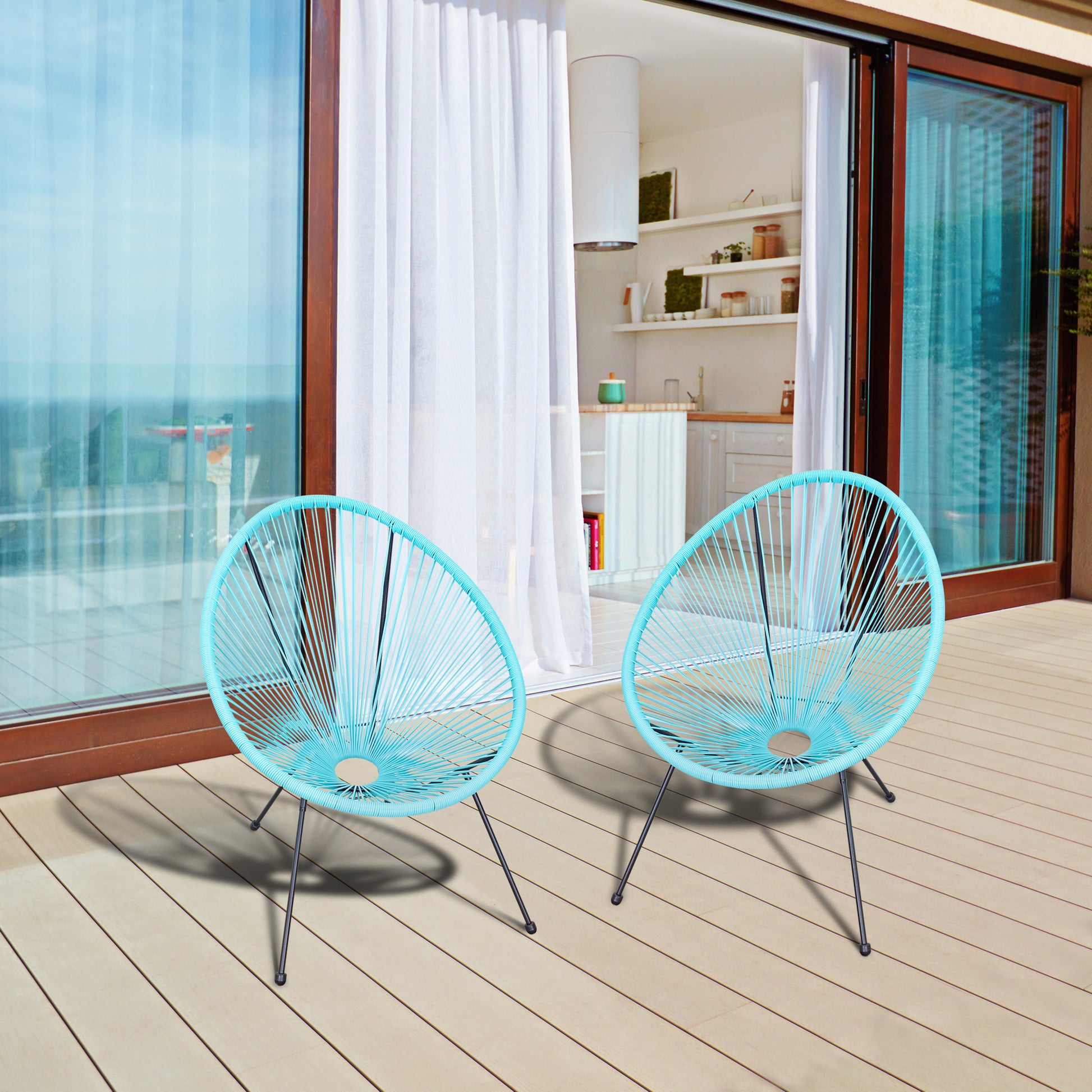 Outsunny Conjunto de 2 Sillas de Jardín de Ratán Pack 2 Sillas Acapulco Forma Ovalada Respaldo Alto Interior Exterior 73x77x87 cm Turquesa