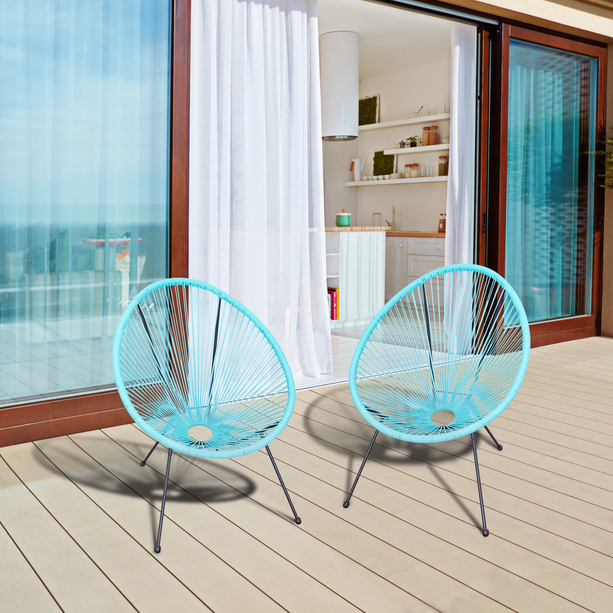 Outsunny Conjunto de 2 Sillas de Jardín de Ratán Pack 2 Sillas Acapulco Forma Ovalada Respaldo Alto Interior Exterior 73x77x87 cm Turquesa