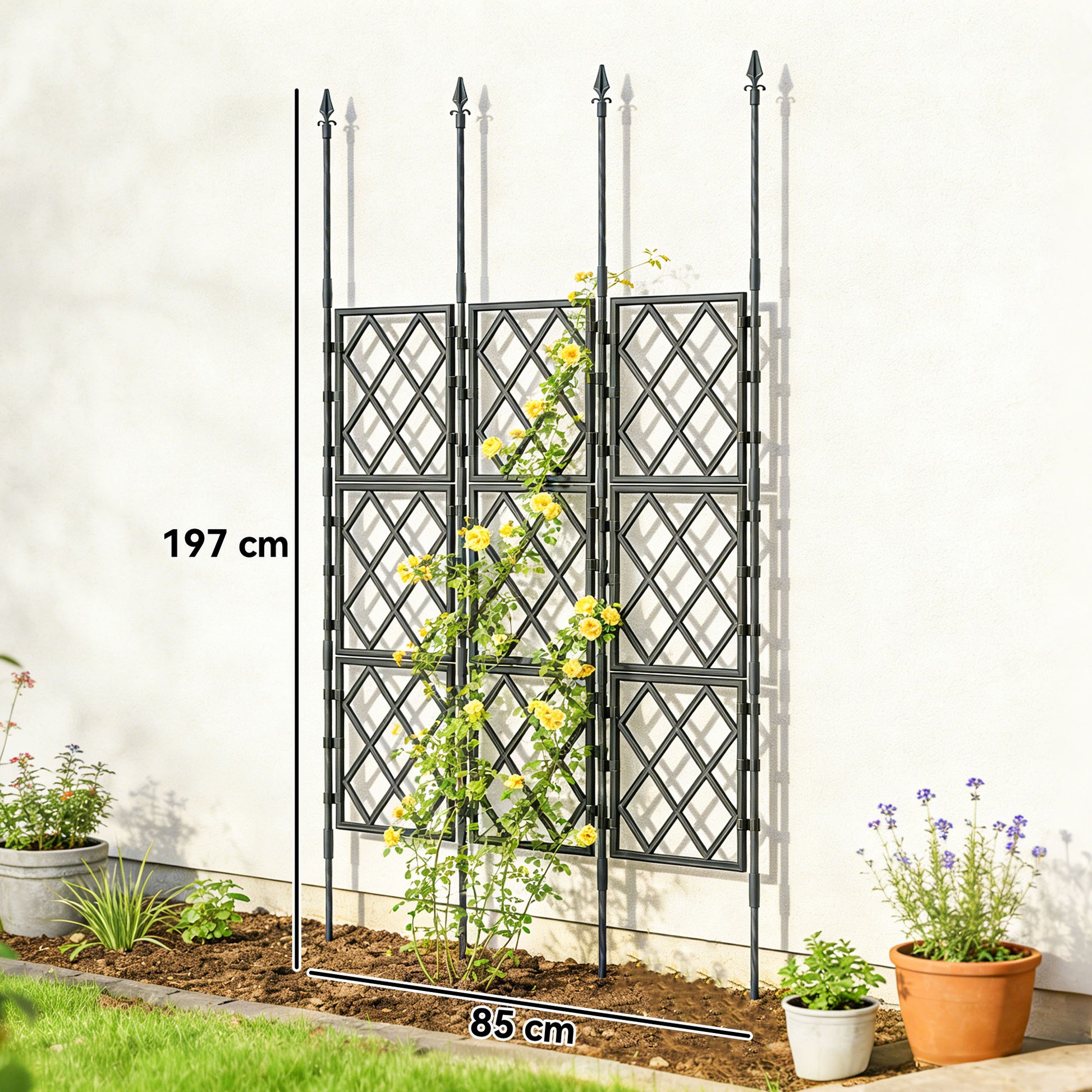 Outsunny Enrejado de Jardín Plegable, Soporte para Plantas Trepadoras con Montaje DIY y Marco de Acero para Frutas, Verduras, Flores, Decoración Exterior, Patio, Terraza, 85x2x197 cm, Negro