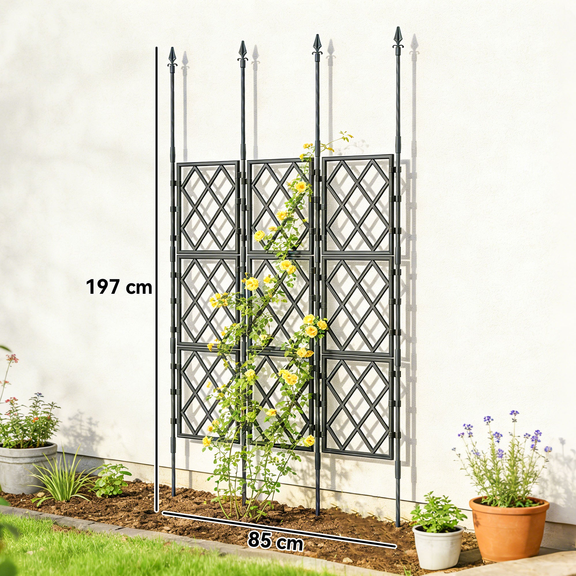 Outsunny Enrejado de Jardín Plegable, Soporte para Plantas Trepadoras con Montaje DIY y Marco de Acero para Frutas, Verduras, Flores, Decoración Exterior, Patio, Terraza, 85x2x197 cm, Negro